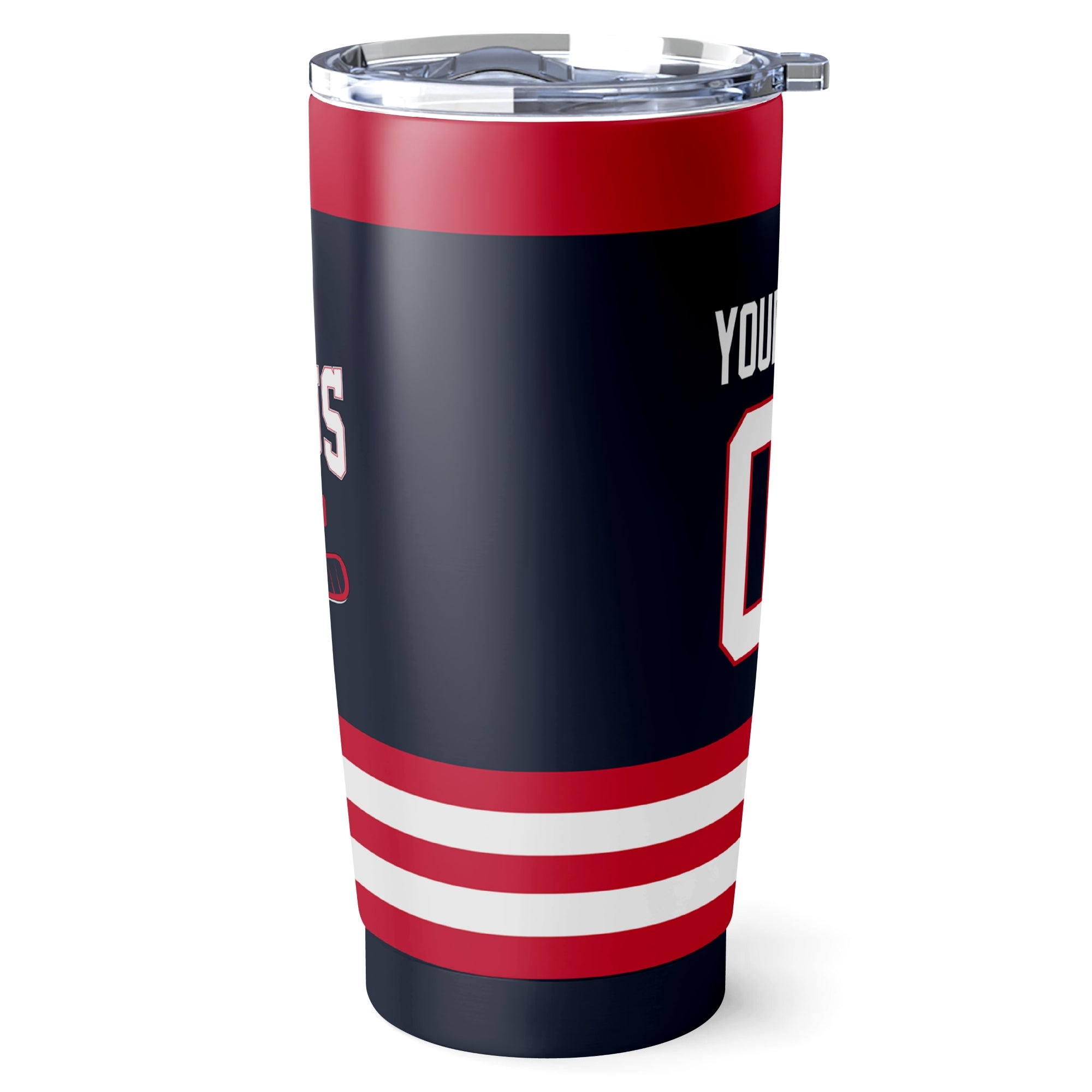 Columbus hockey tumbler side view in Navy city-color style
