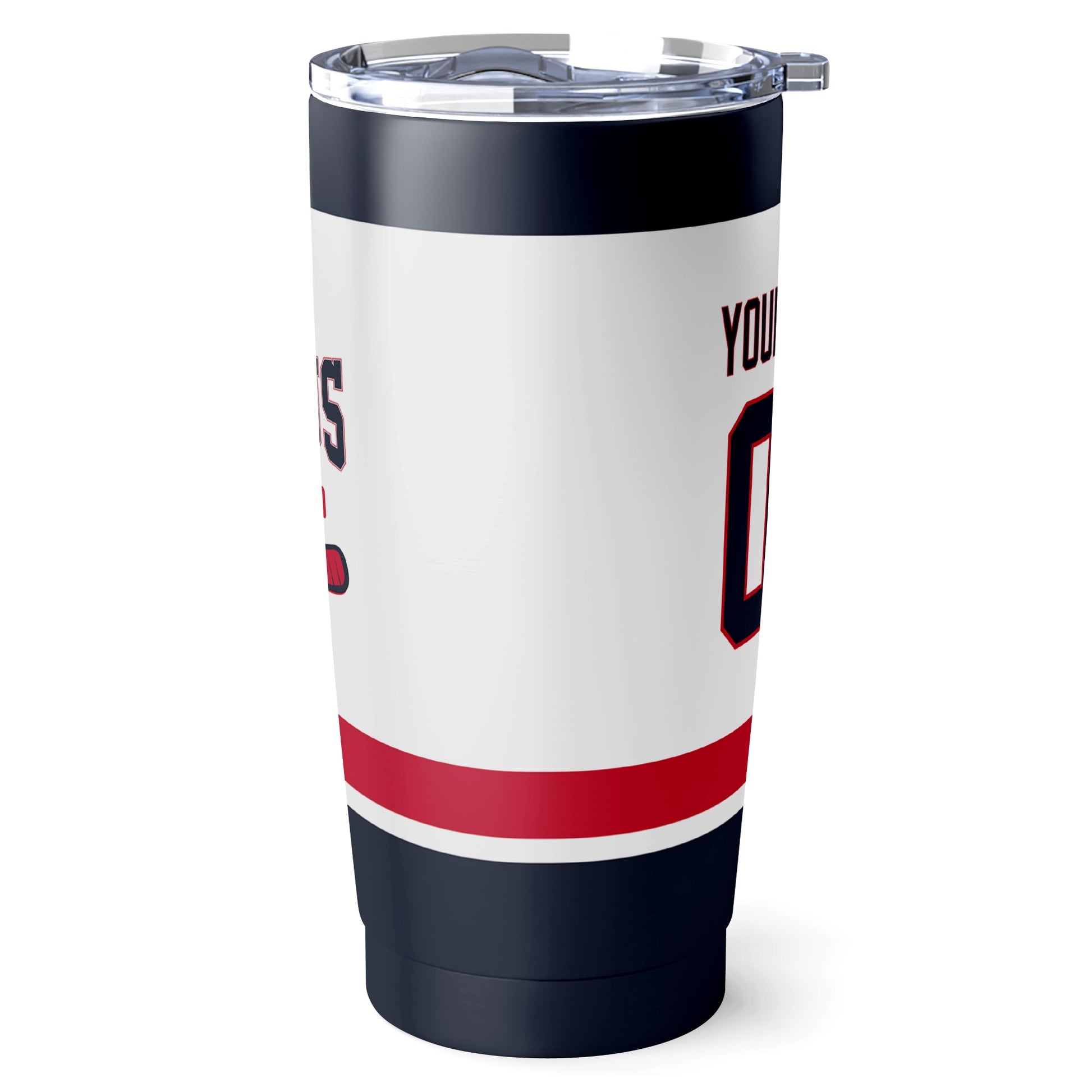 Columbus hockey tumbler side view in White city-color style