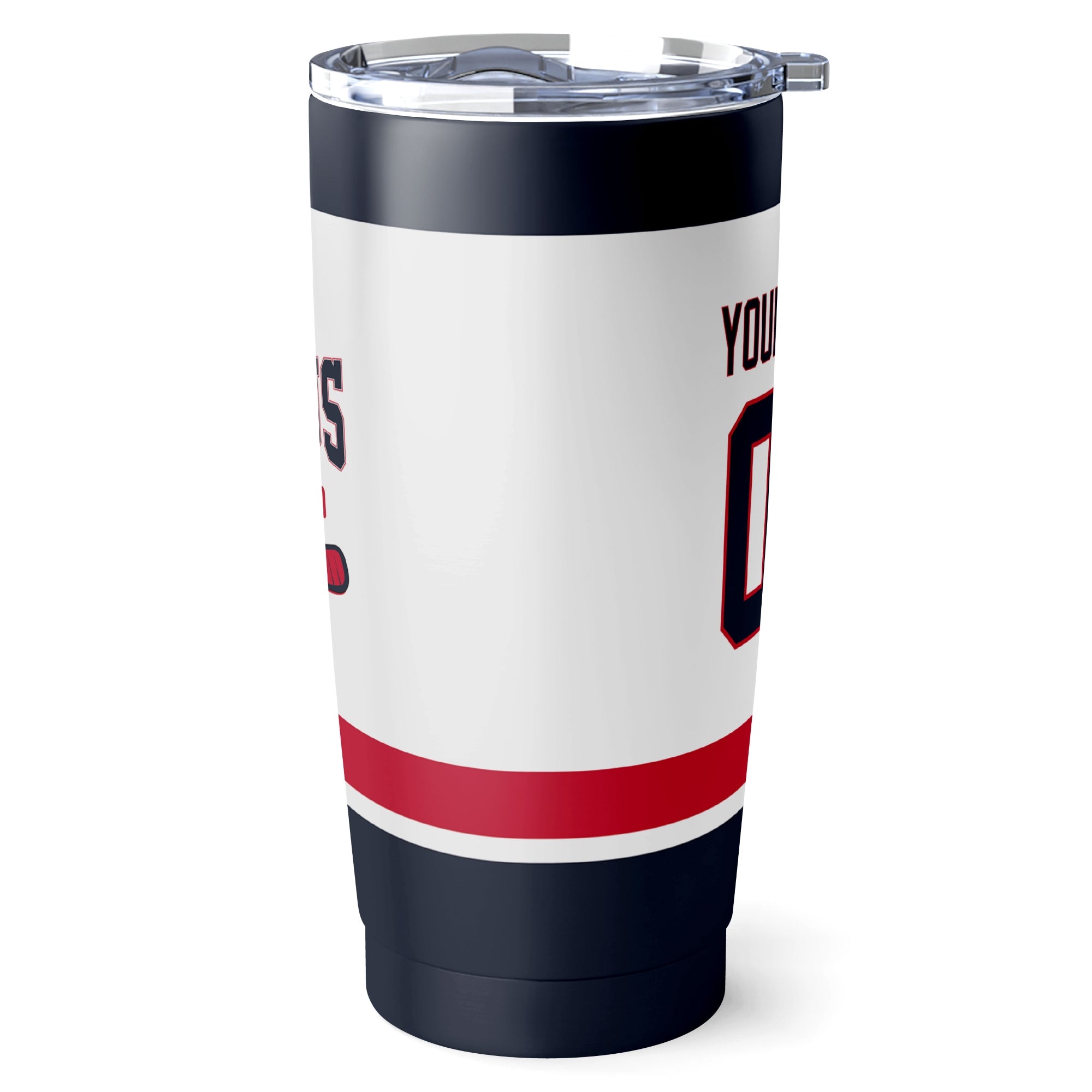 Columbus hockey tumbler side view in White city-color style