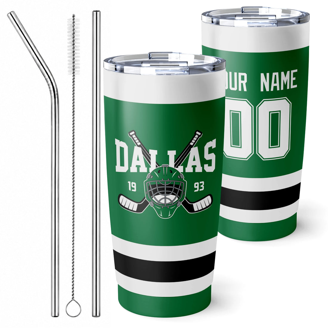 Personalized Dallas hockey tumbler in Green city-color style with reusable straws and cleaning brush