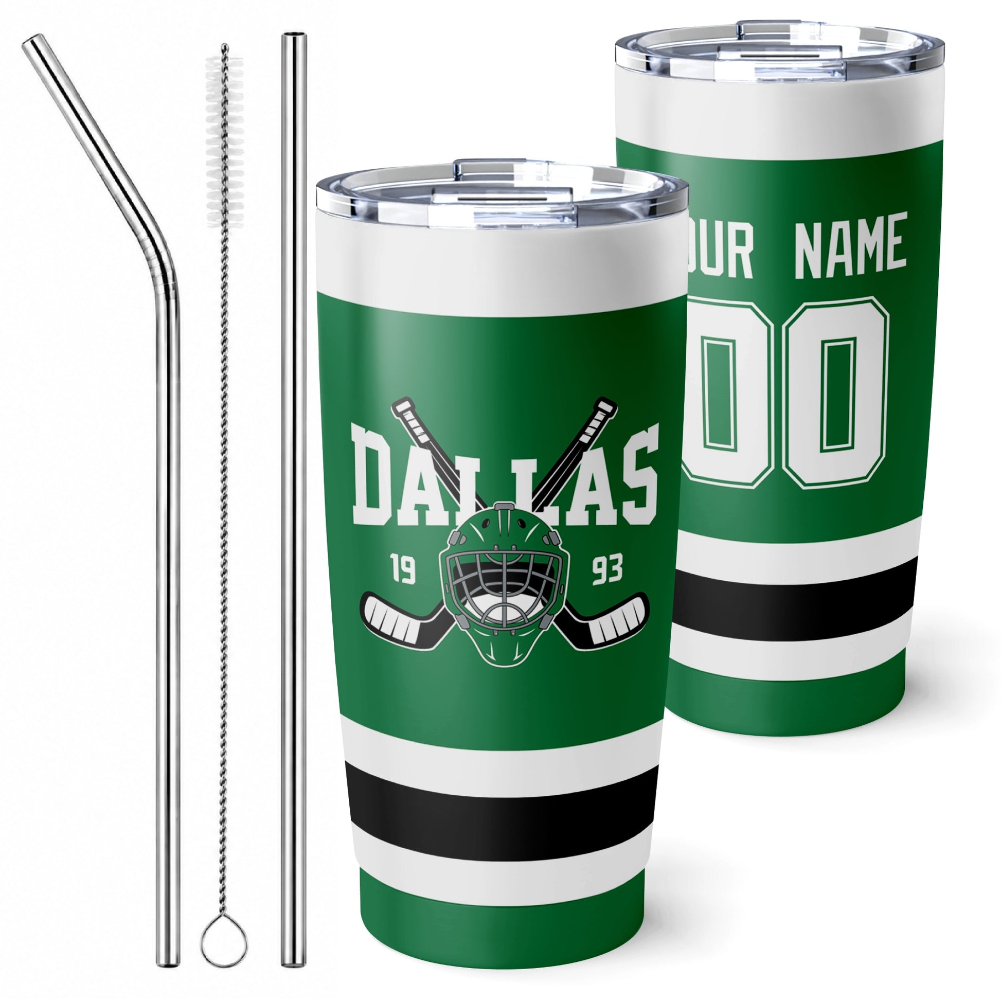Personalized Dallas hockey tumbler in Green city-color style with reusable straws and cleaning brush