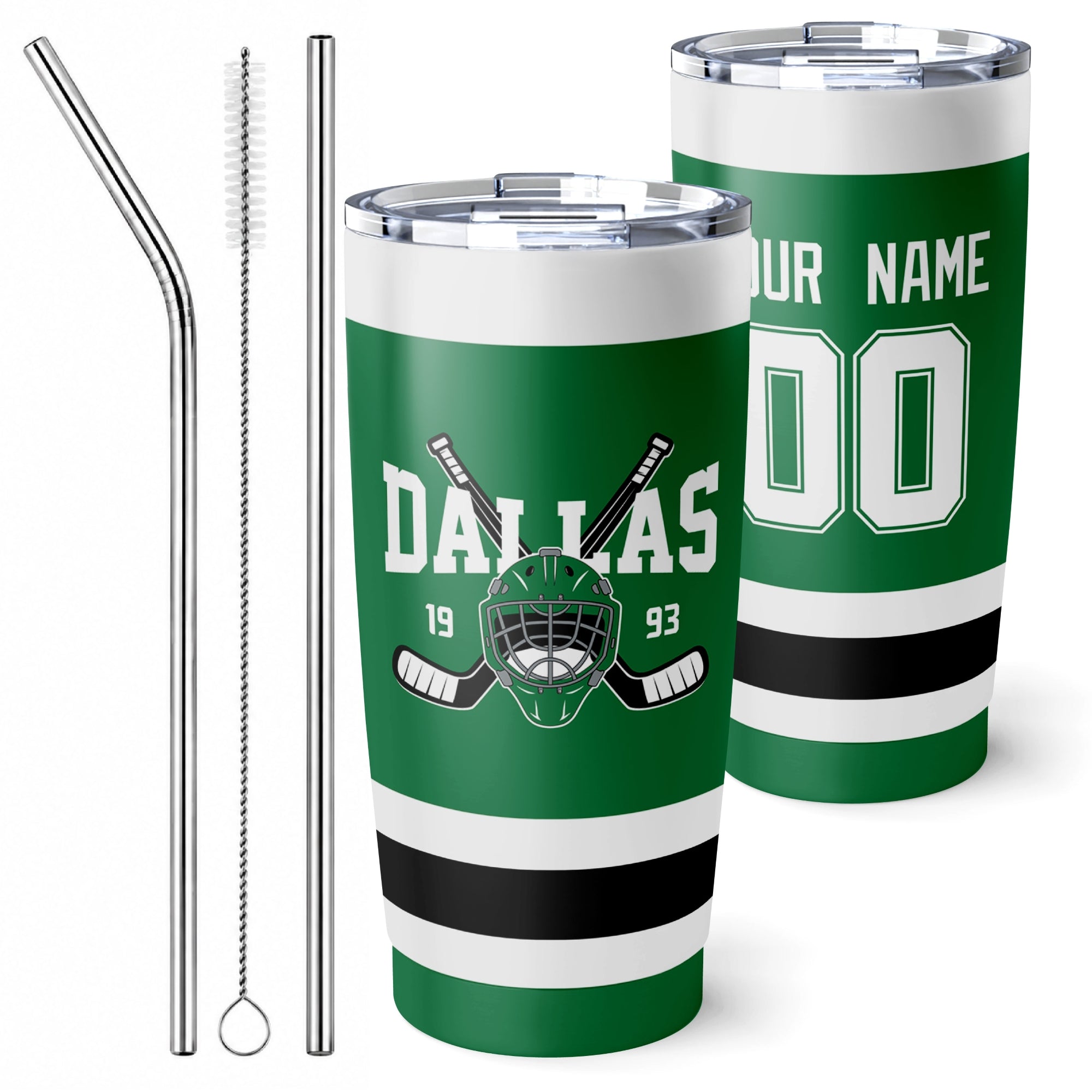 Personalized Dallas hockey tumbler in Green city-color style with reusable straws and cleaning brush