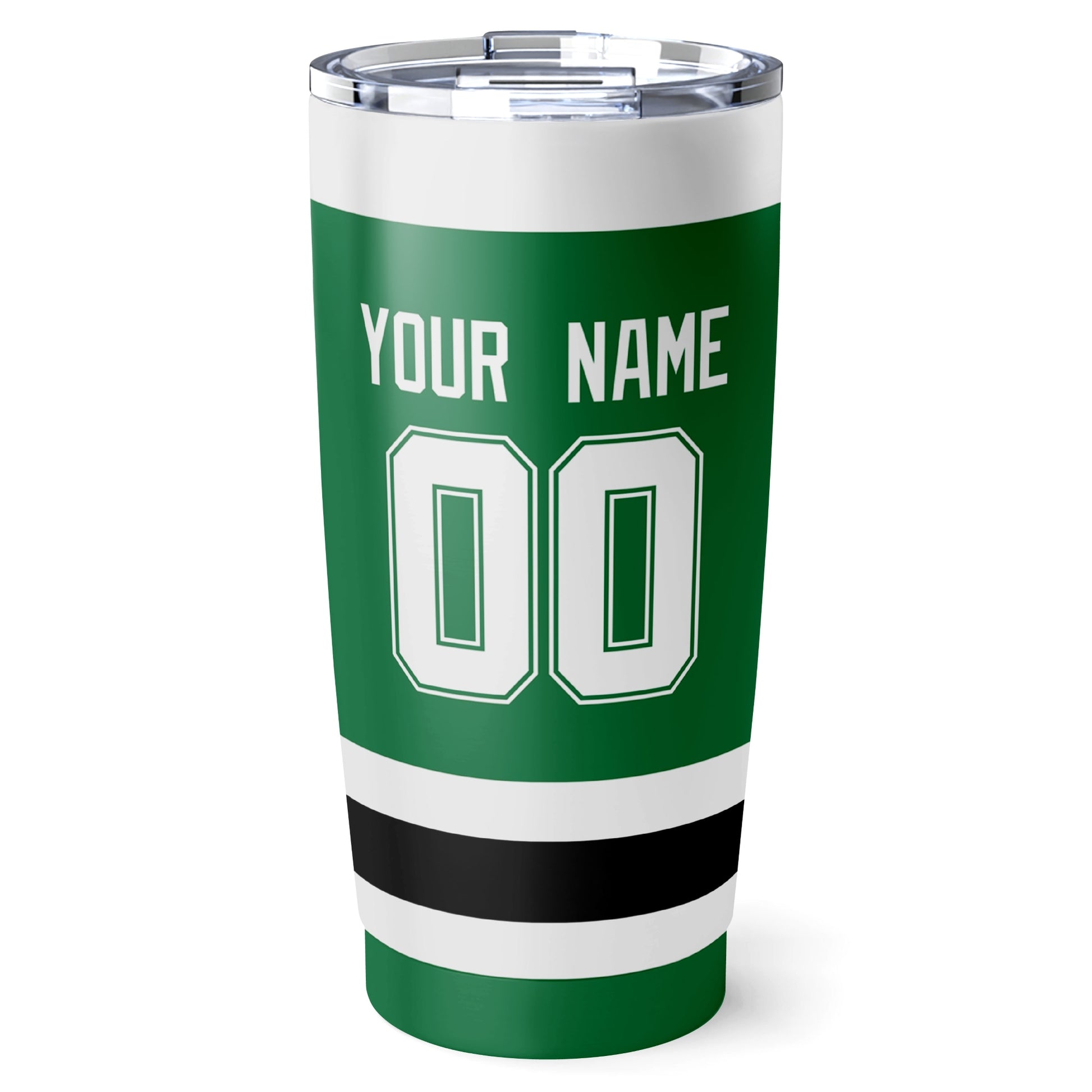 Dallas hockey tumbler back design in Green city-color style with custom name and number