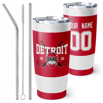 Personalized Detroit hockey tumbler in Red city-color style with reusable straws and cleaning brush