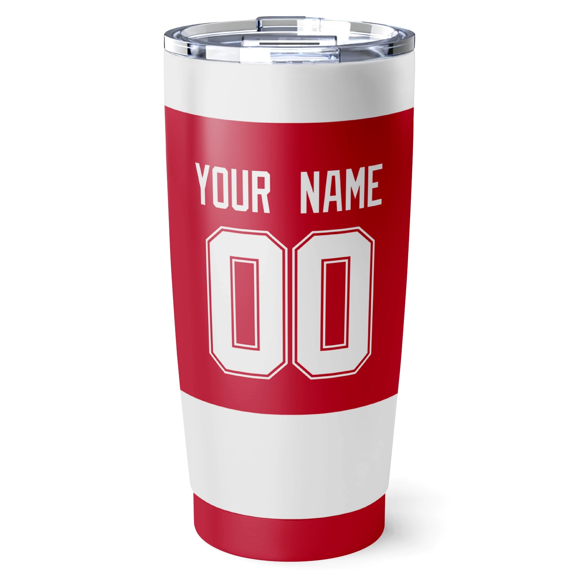 Detroit hockey tumbler back design in Red city-color style with custom name and number