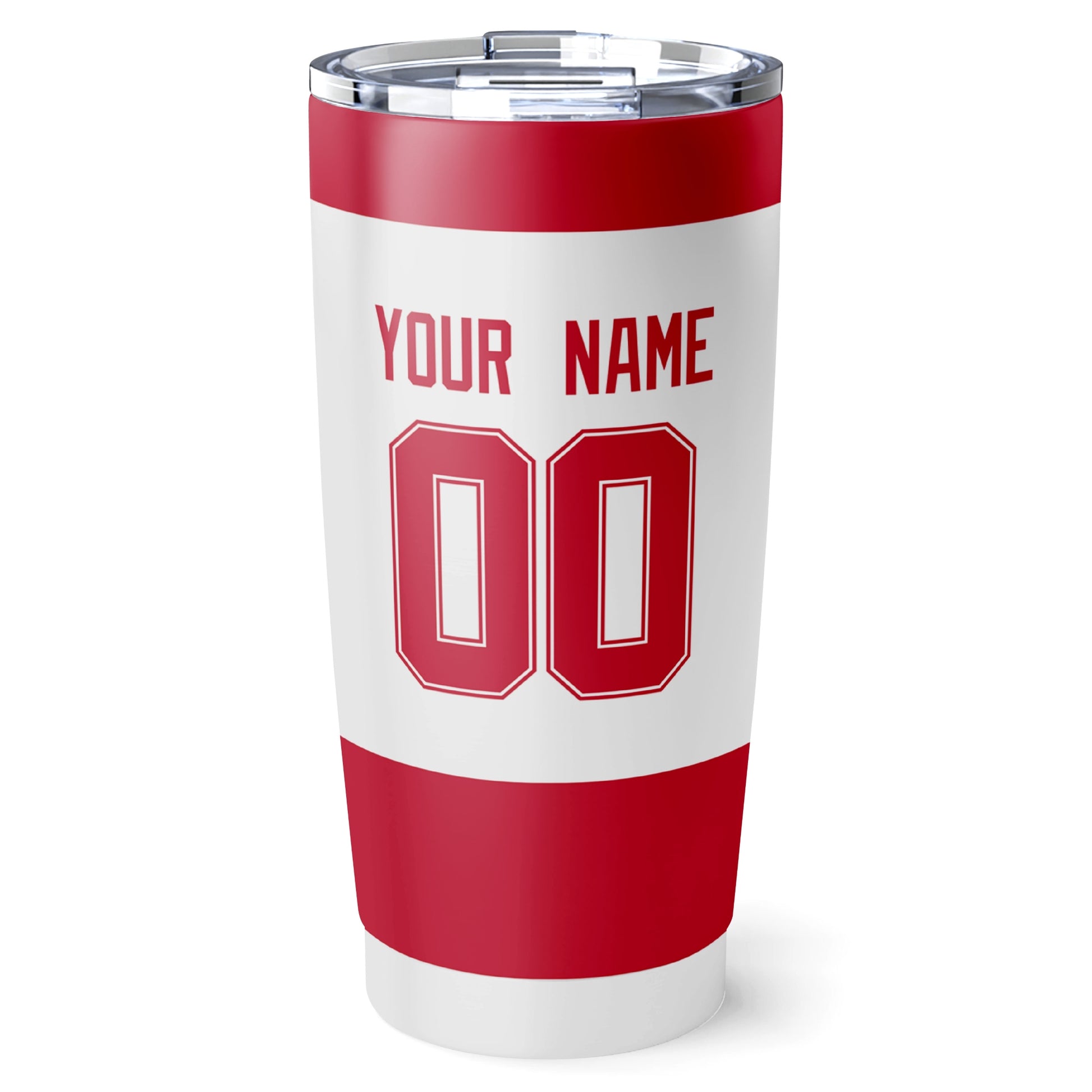 Detroit hockey tumbler back design in White city-color style with custom name and number