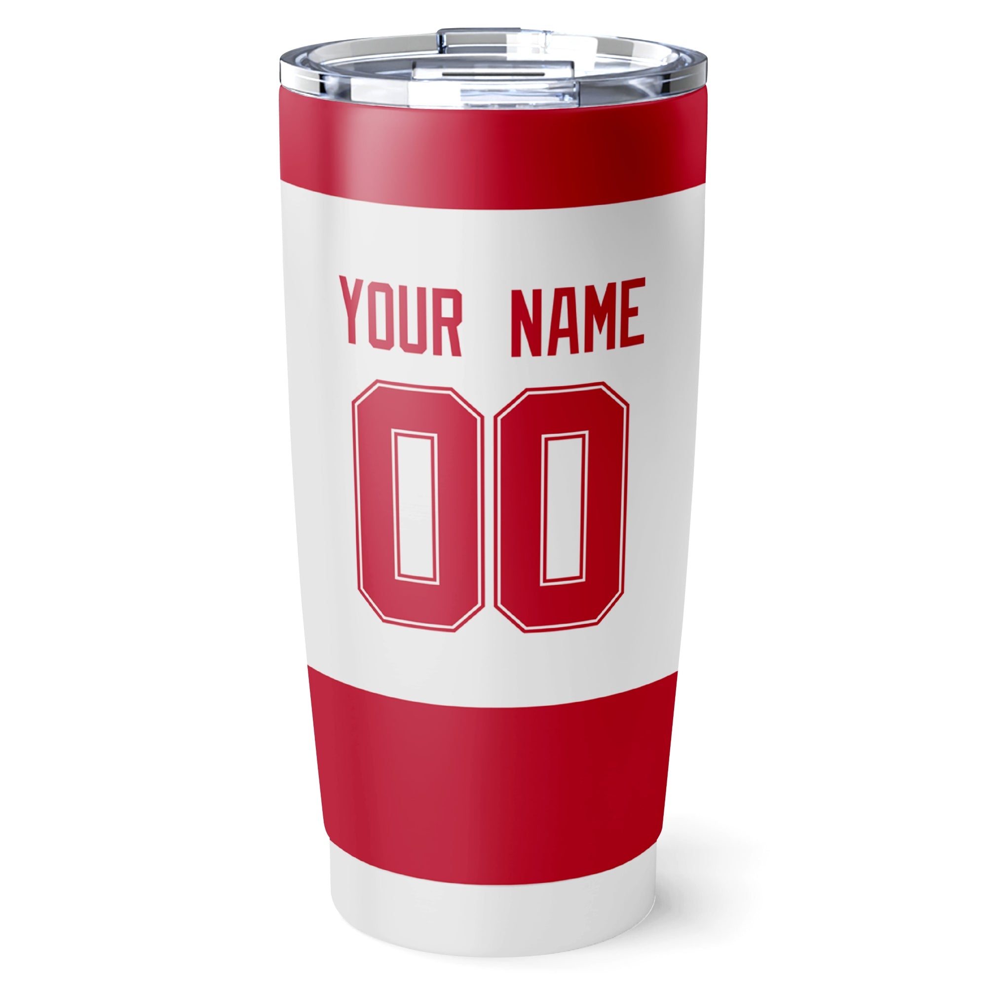 Detroit hockey tumbler back design in White city-color style with custom name and number