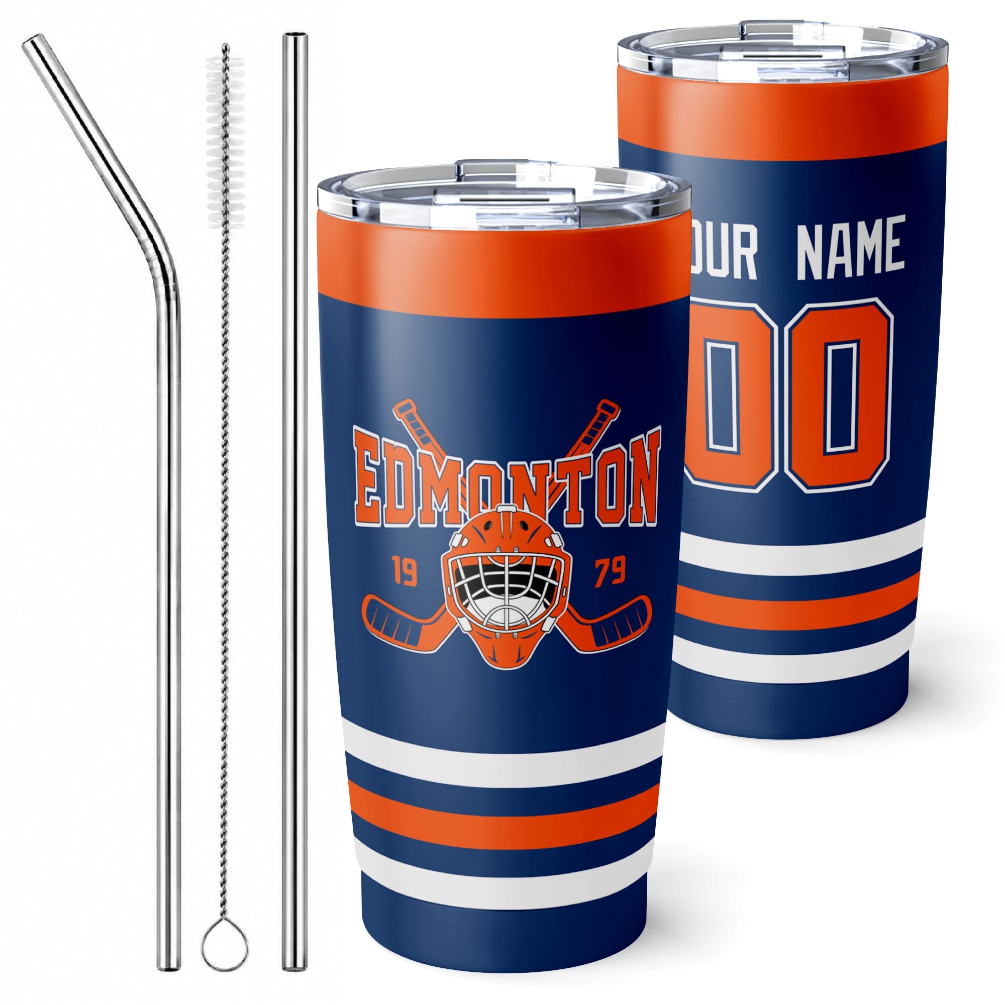 Personalized Edmonton hockey tumbler in Royal city-color style with reusable straws and cleaning brush
