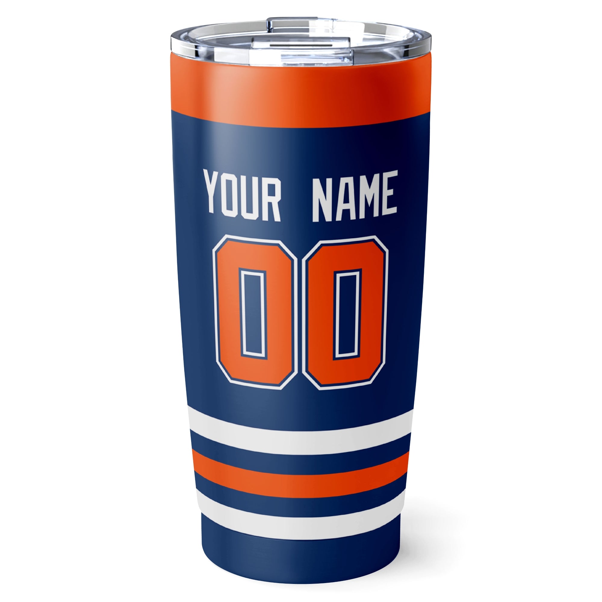 Edmonton hockey tumbler back design in Royal city-color style with custom name and number