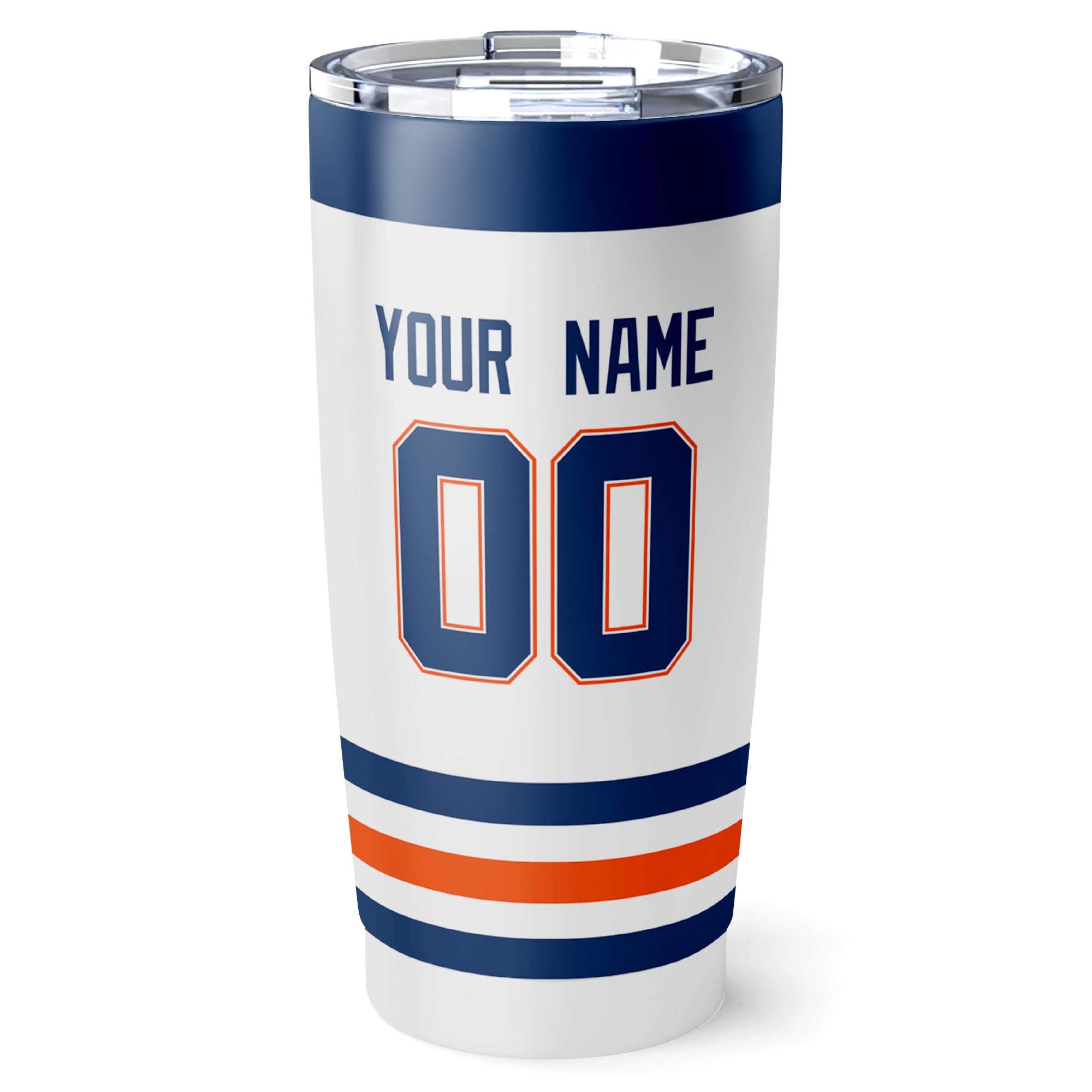 Edmonton hockey tumbler back design in White city-color style with custom name and number