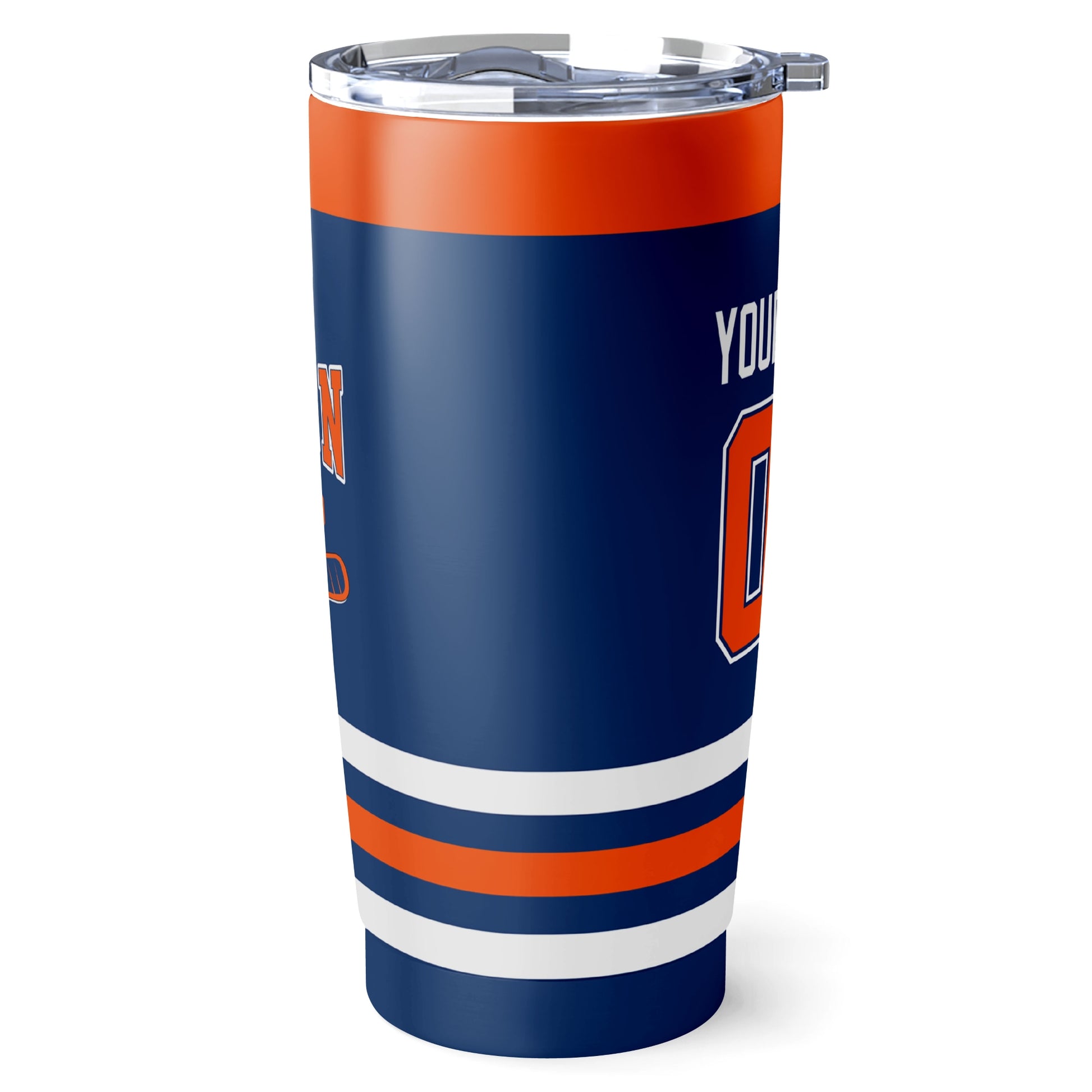 Edmonton hockey tumbler side view in Royal city-color style