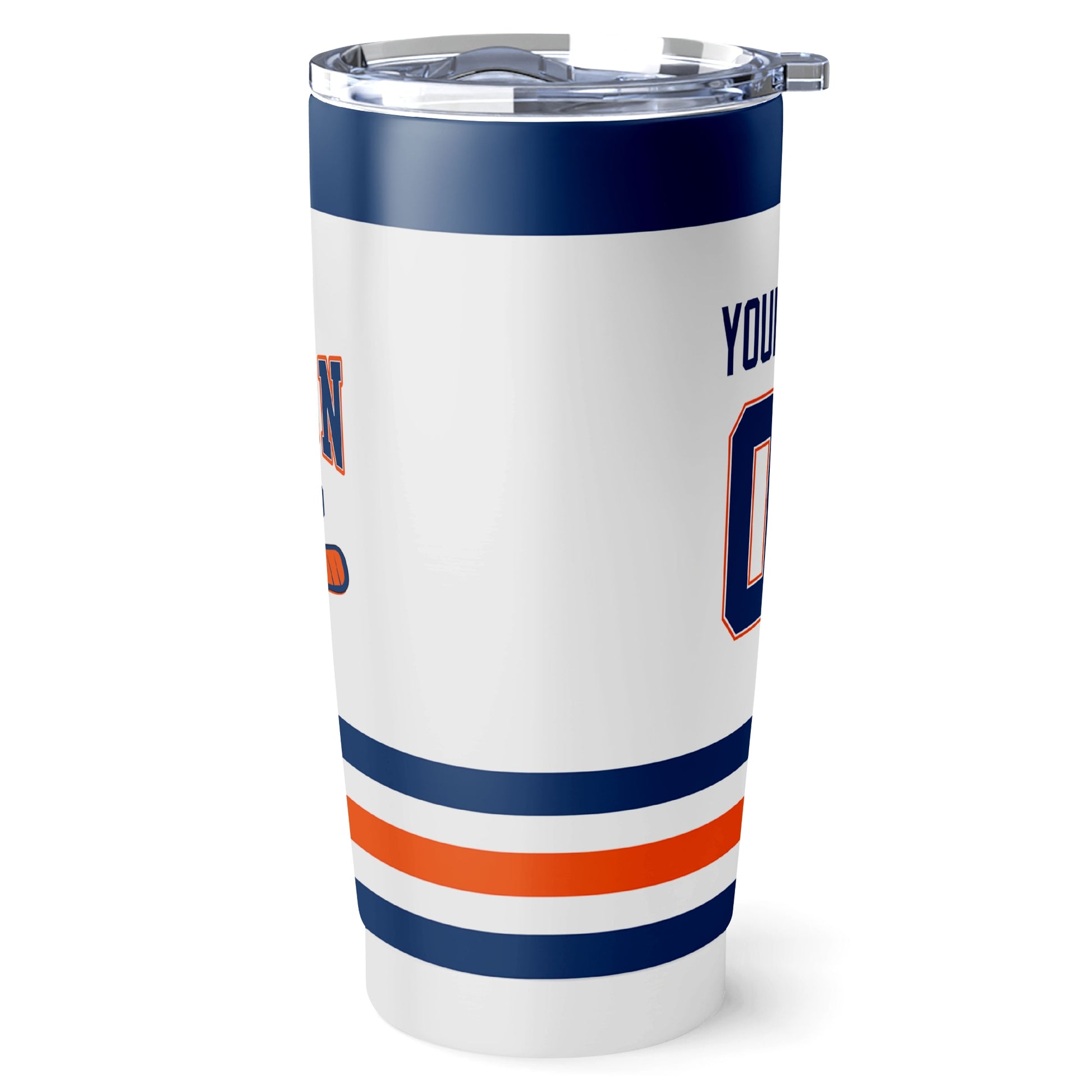 Edmonton hockey tumbler side view in White city-color style