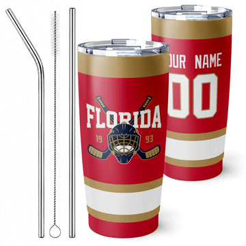 Personalized Florida hockey tumbler in Red city-color style with reusable straws and cleaning brush