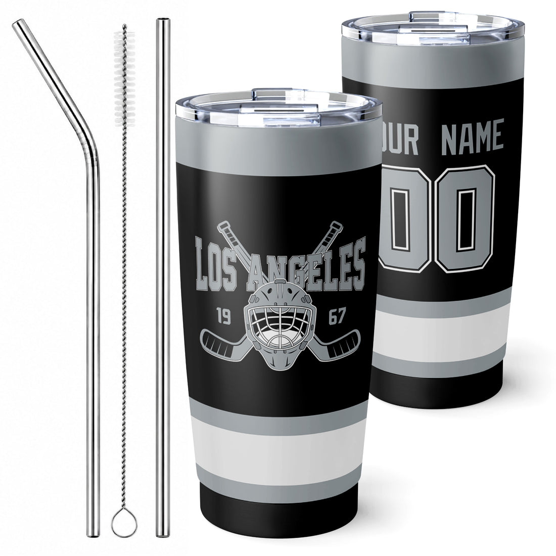 Personalized Los Angeles hockey tumbler in Black city-color style with reusable straws and cleaning brush