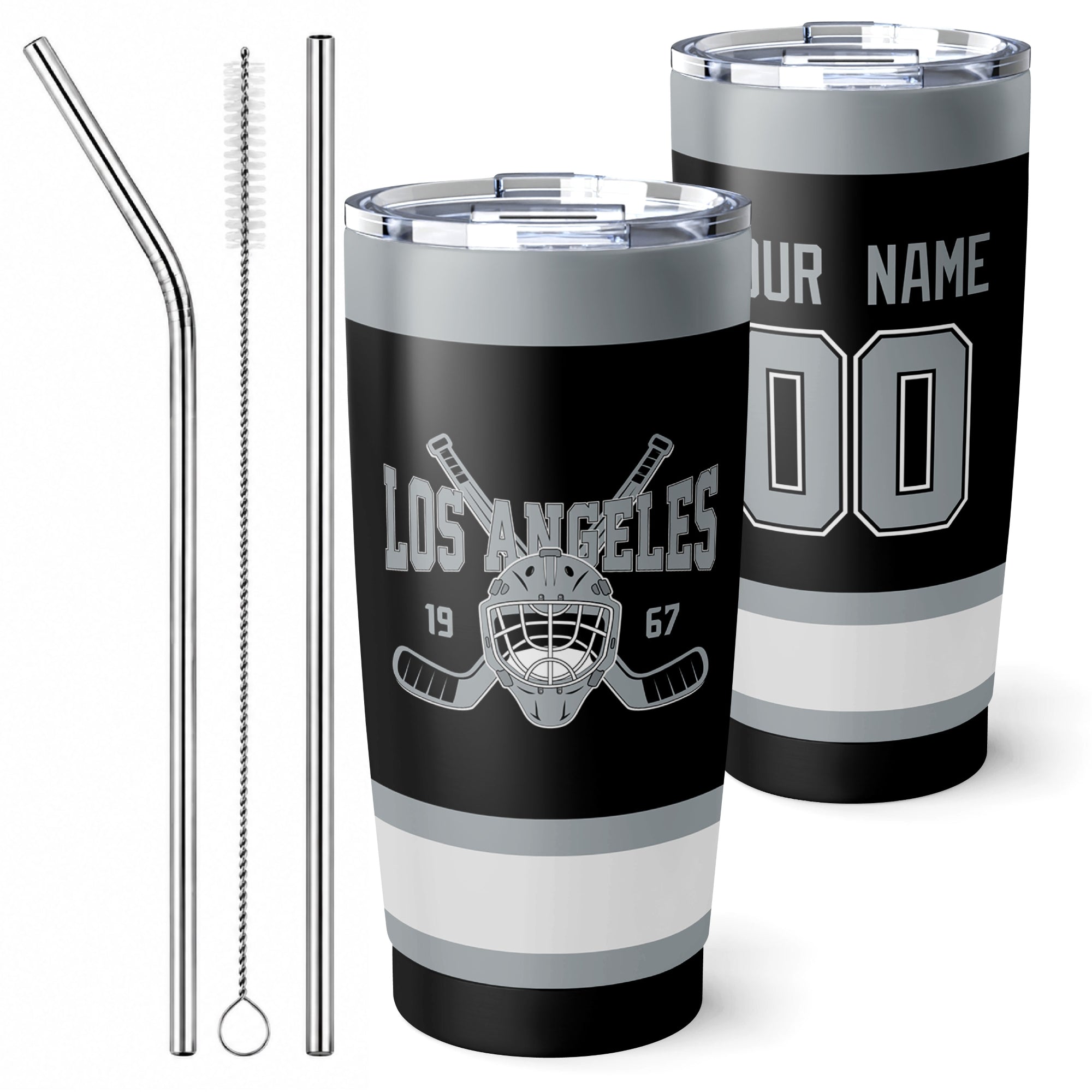Personalized Los Angeles hockey tumbler in Black city-color style with reusable straws and cleaning brush