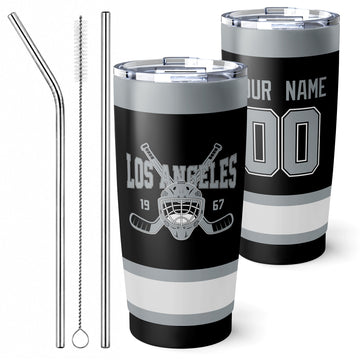 Personalized Los Angeles hockey tumbler in Black city-color style with reusable straws and cleaning brush