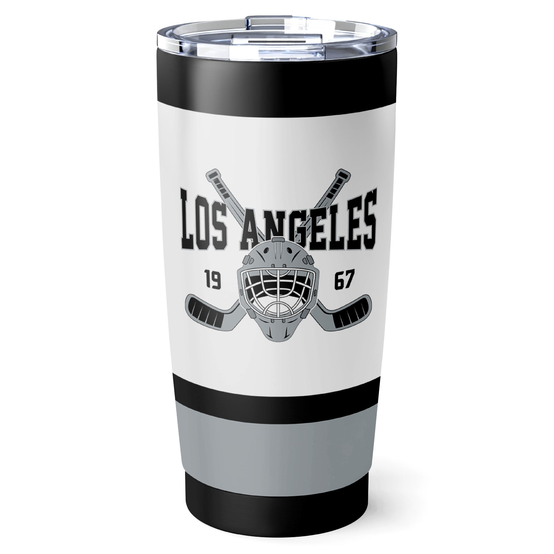 Los Angeles hockey tumbler front design in White city-color style