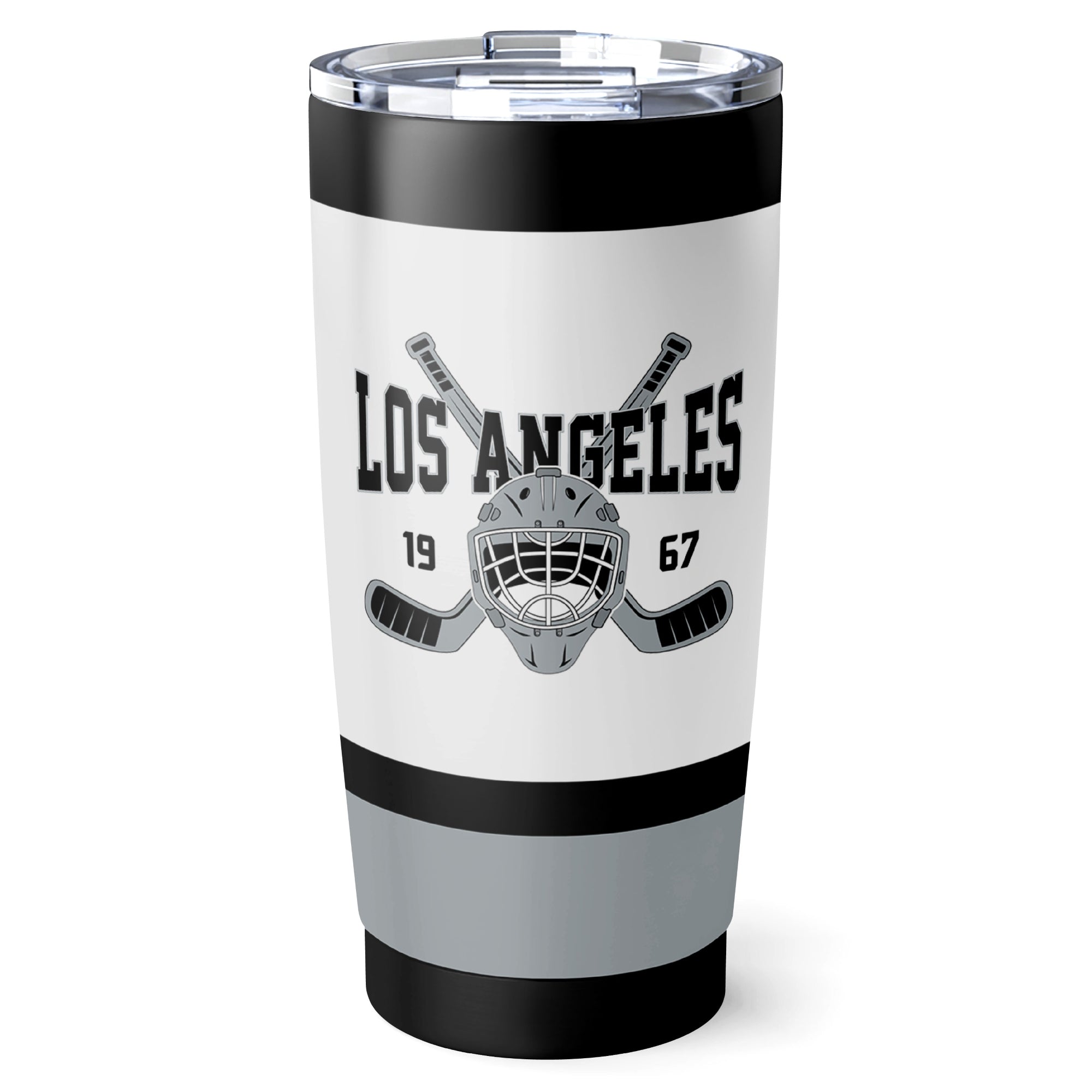 Los Angeles hockey tumbler front design in White city-color style