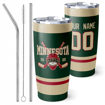 Personalized Minnesota hockey tumbler in Green city-color style with reusable straws and cleaning brush