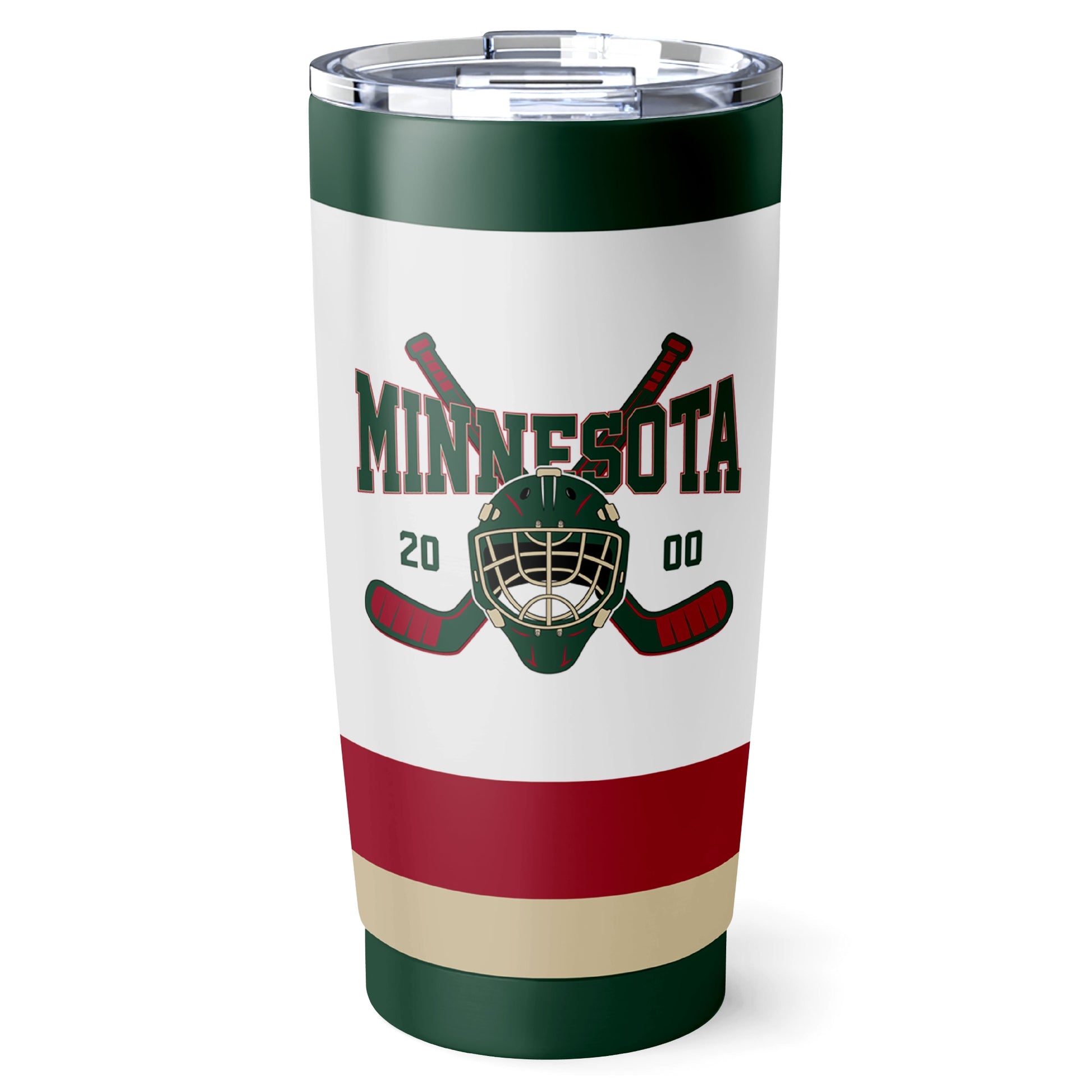 Minnesota hockey tumbler front design in White city-color style