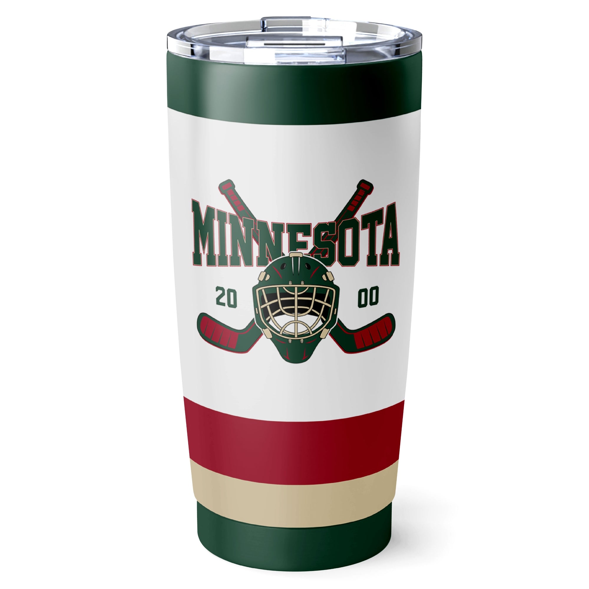 Minnesota hockey tumbler front design in White city-color style