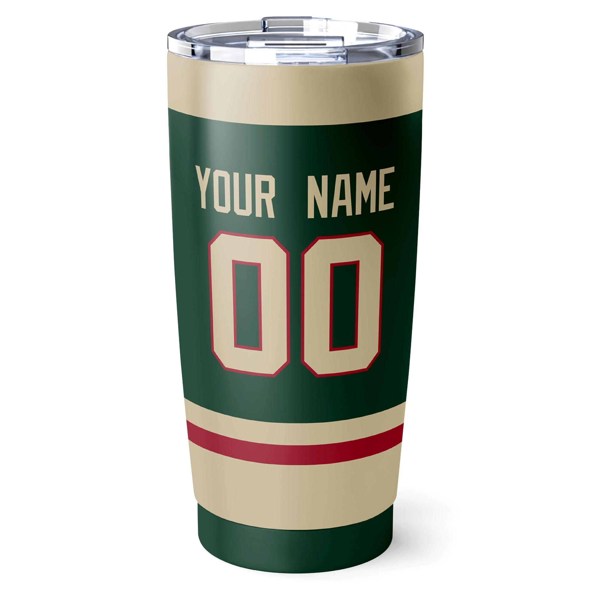 Minnesota hockey tumbler back design in Green city-color style with custom name and number