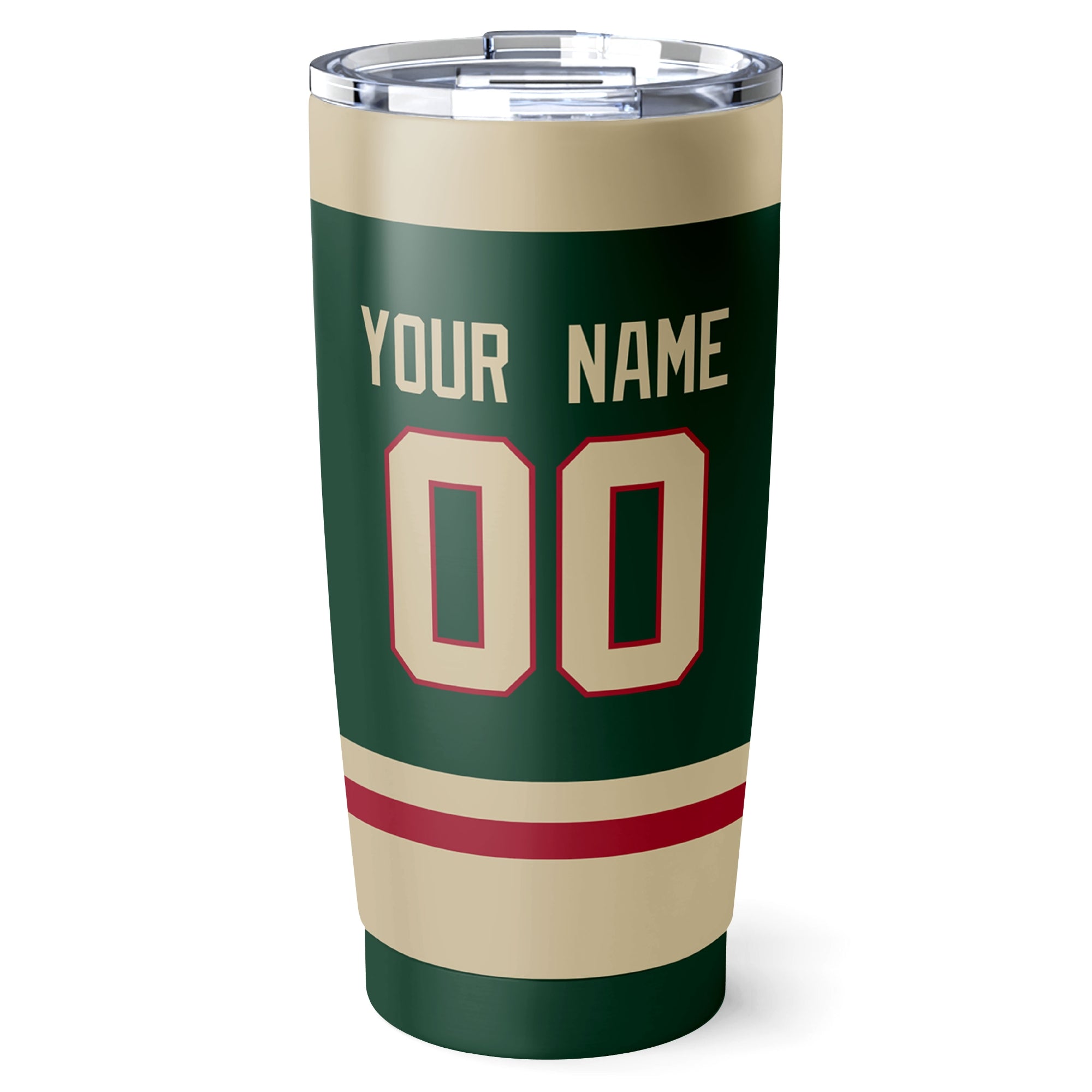 Minnesota hockey tumbler back design in Green city-color style with custom name and number