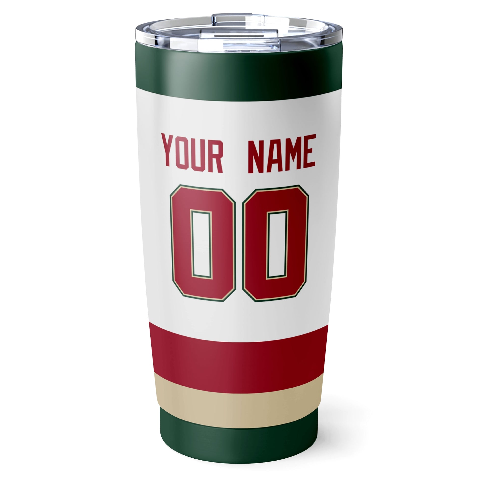 Minnesota hockey tumbler back design in White city-color style with custom name and number