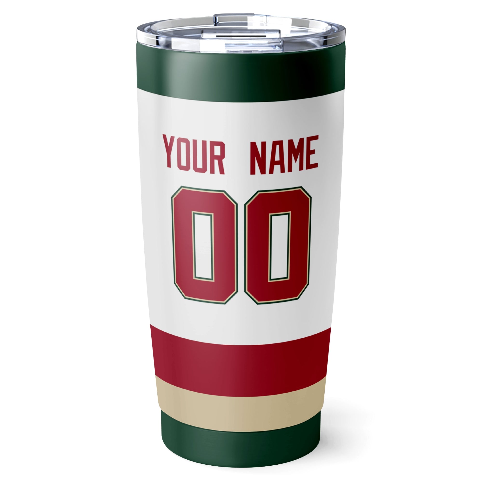 Minnesota hockey tumbler back design in White city-color style with custom name and number
