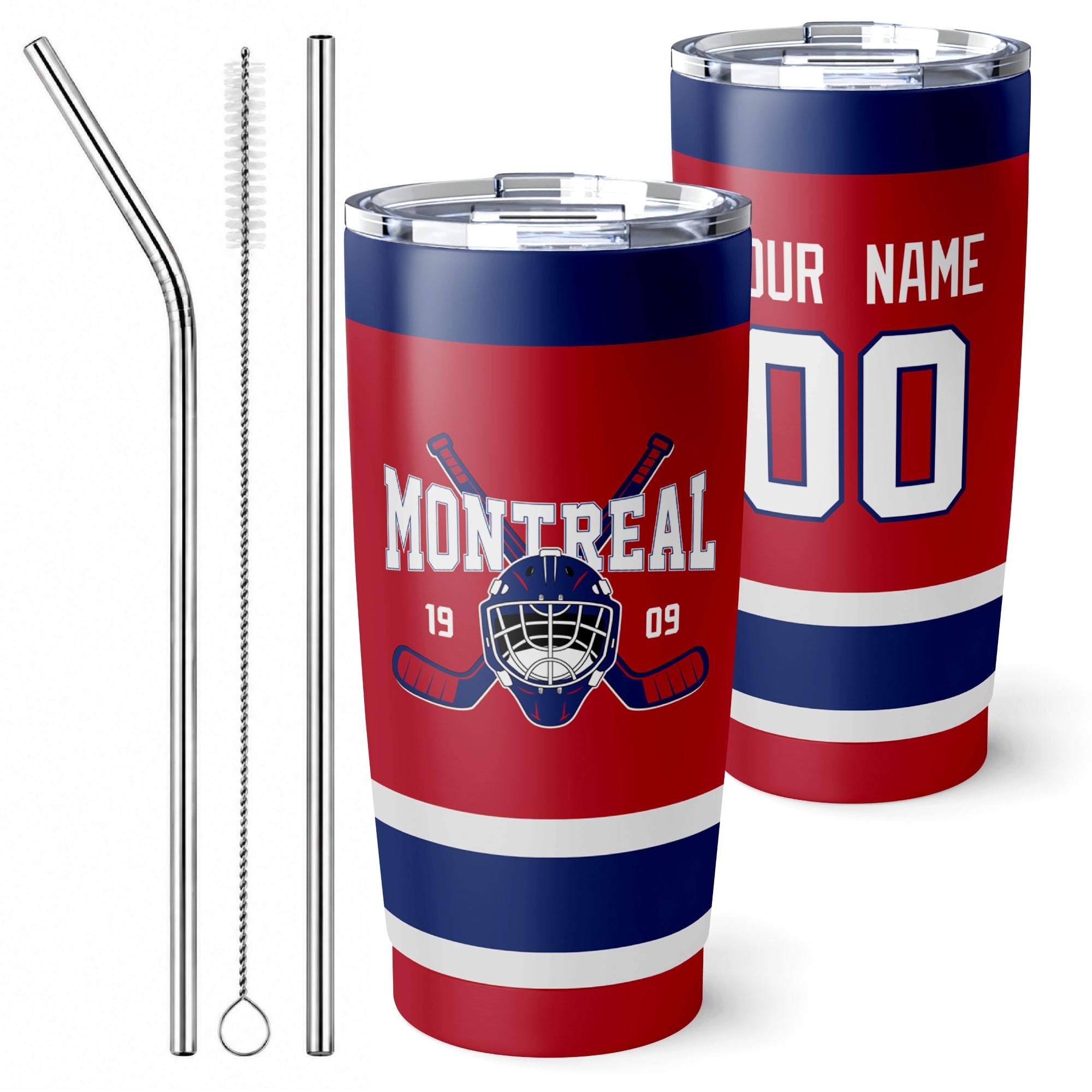 Personalized Montreal hockey tumbler in Red city-color style with reusable straws and cleaning brush
