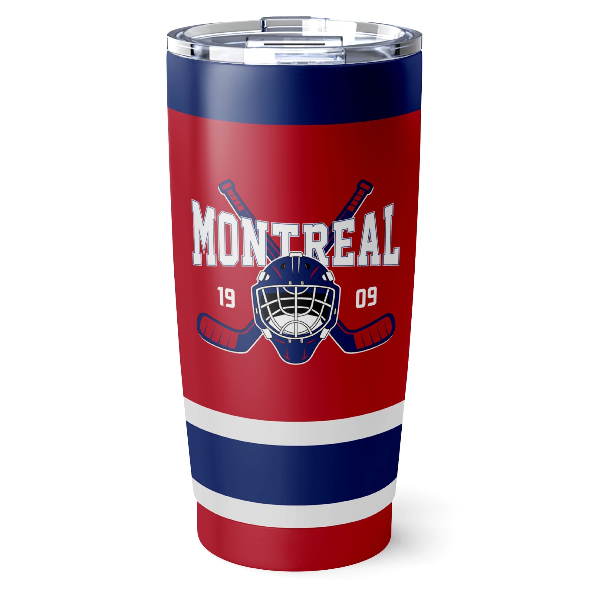 Montreal hockey tumbler front design in Red city-color style
