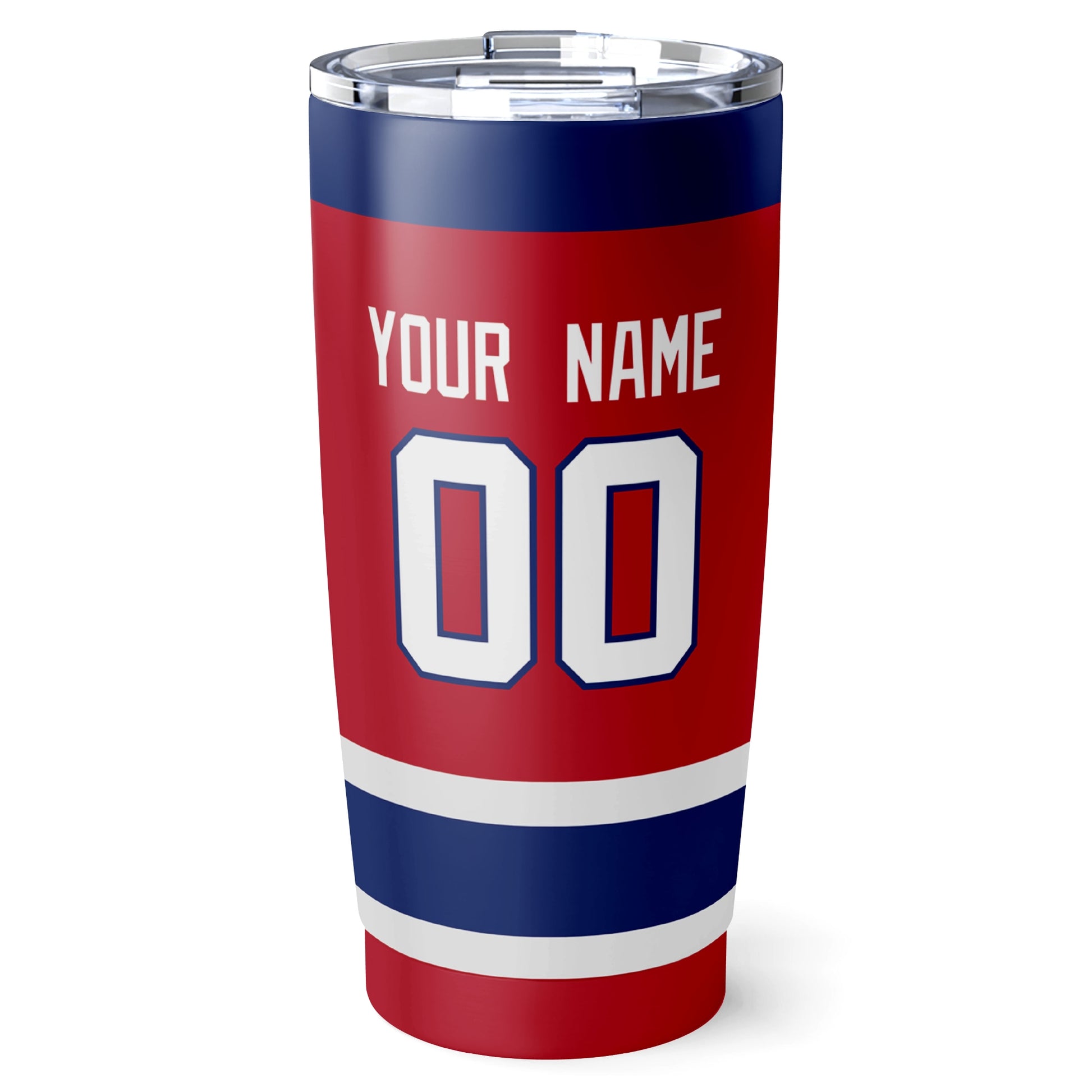 Montreal hockey tumbler back design in Red city-color style with custom name and number