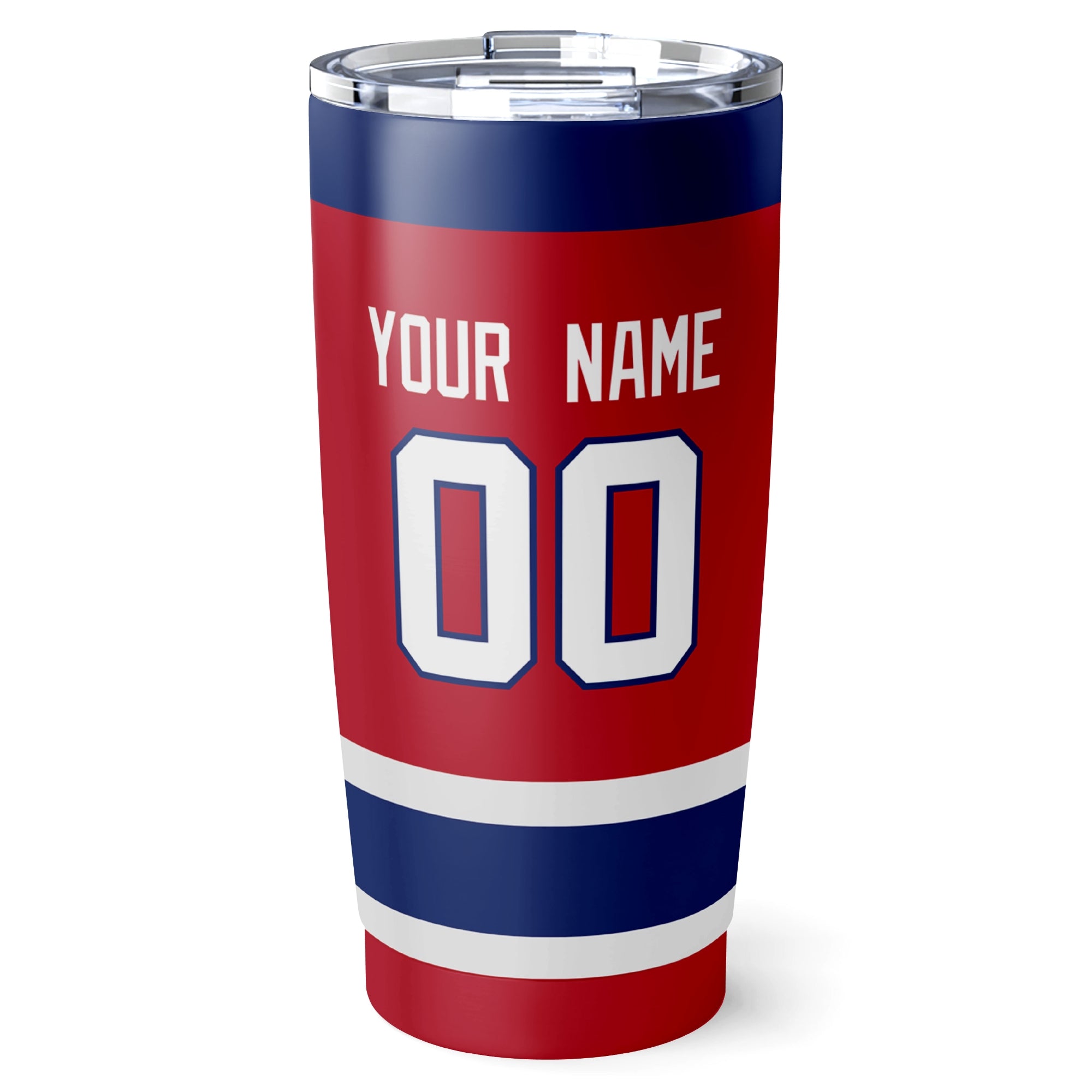 Montreal hockey tumbler back design in Red city-color style with custom name and number