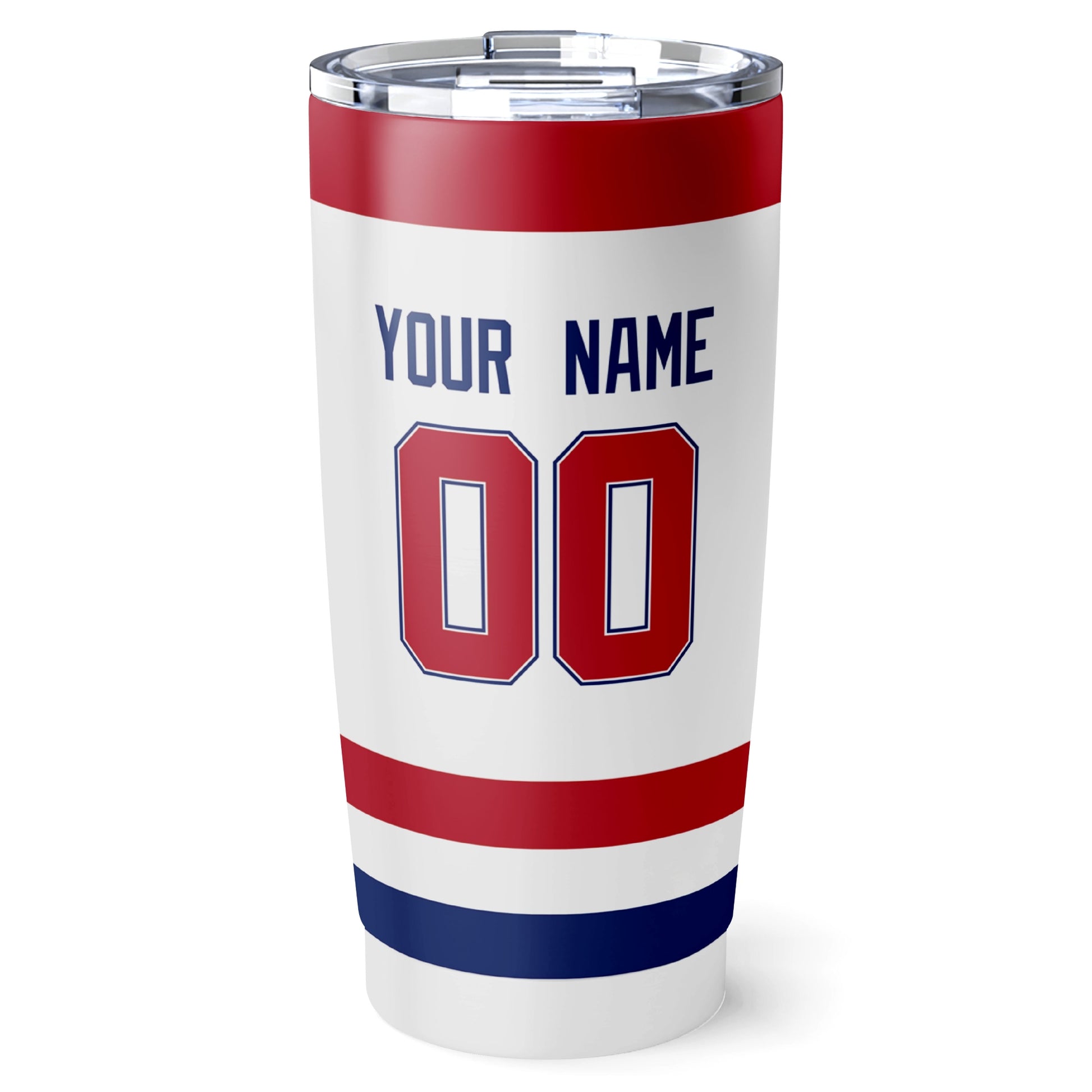Montreal hockey tumbler back design in White city-color style with custom name and number