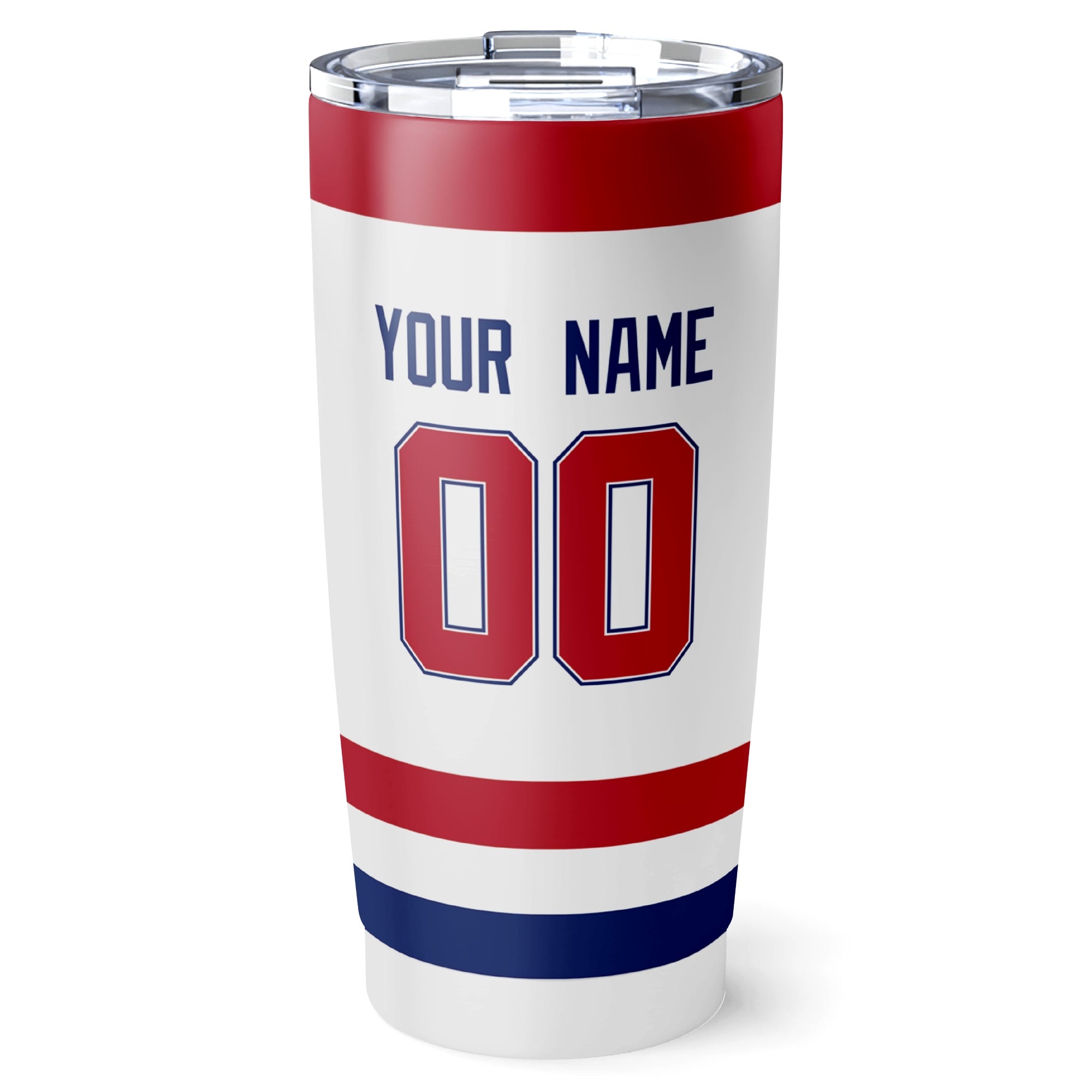 Montreal hockey tumbler back design in White city-color style with custom name and number