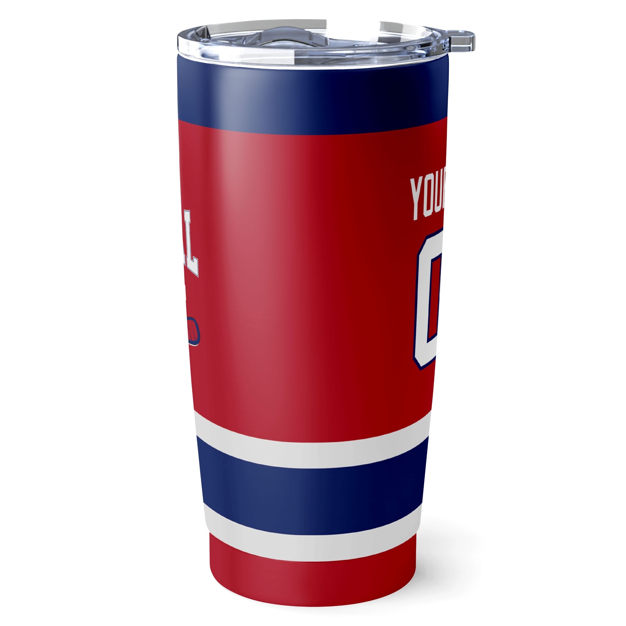 Montreal hockey tumbler side view in Red city-color style