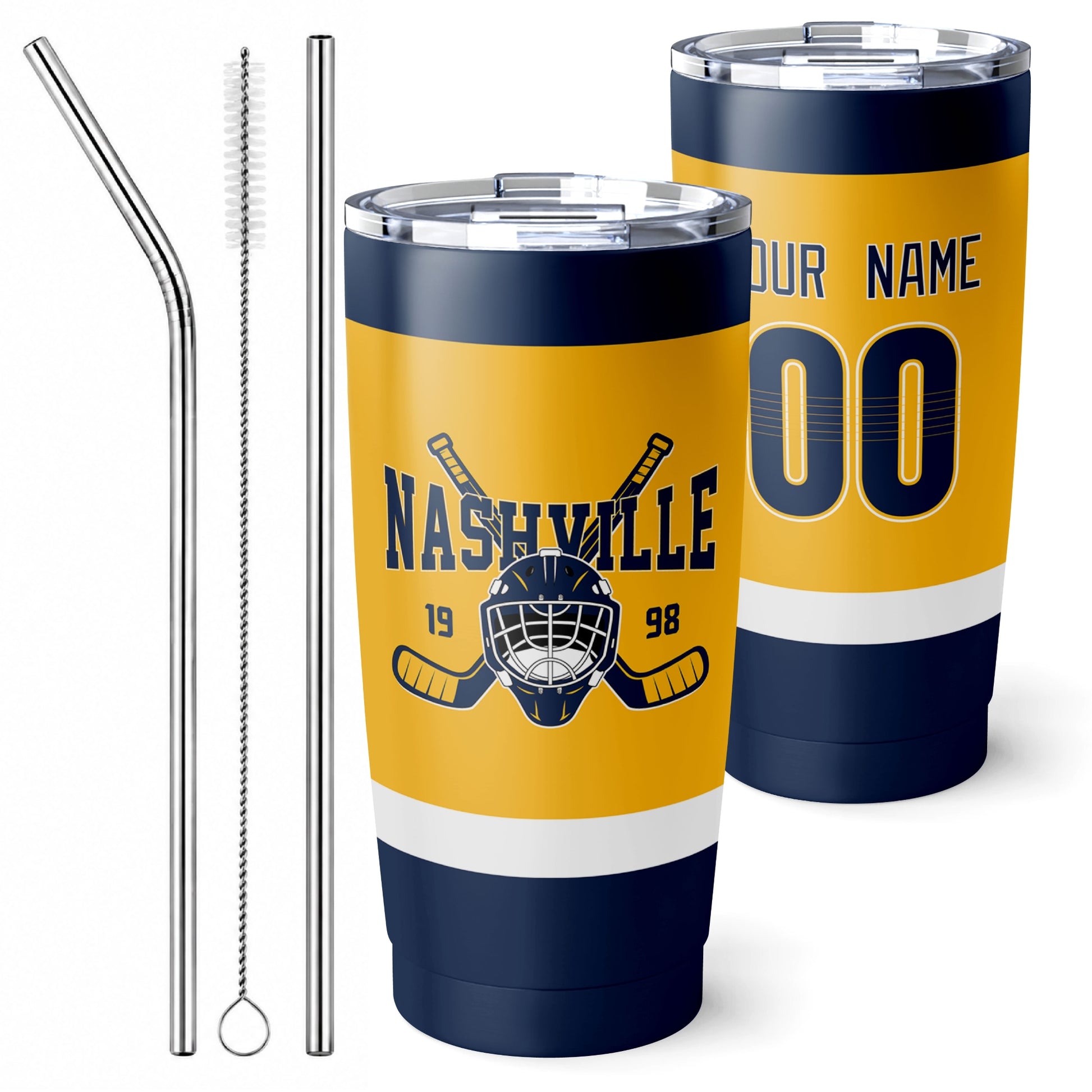 Personalized Nashville hockey tumbler in Gold city-color style with reusable straws and cleaning brush