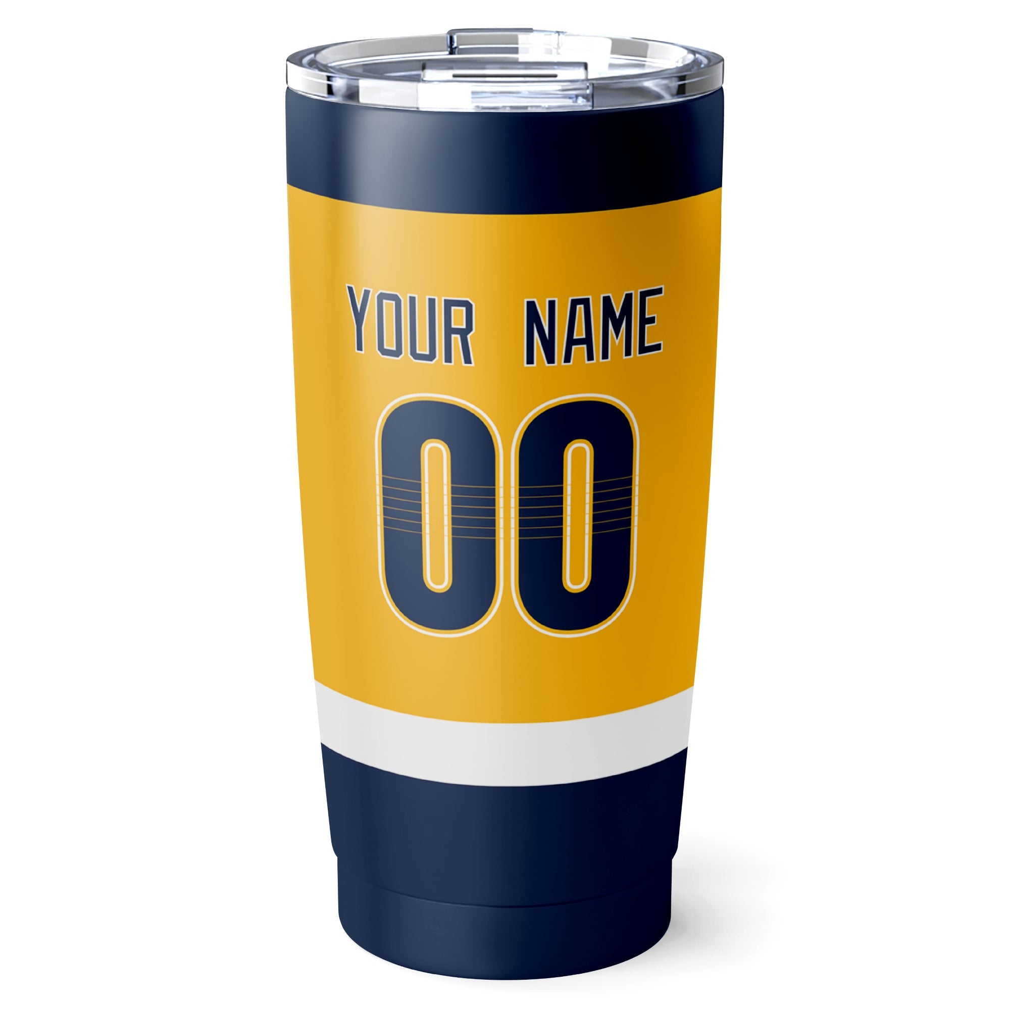 Nashville hockey tumbler back design in Gold city-color style with custom name and number
