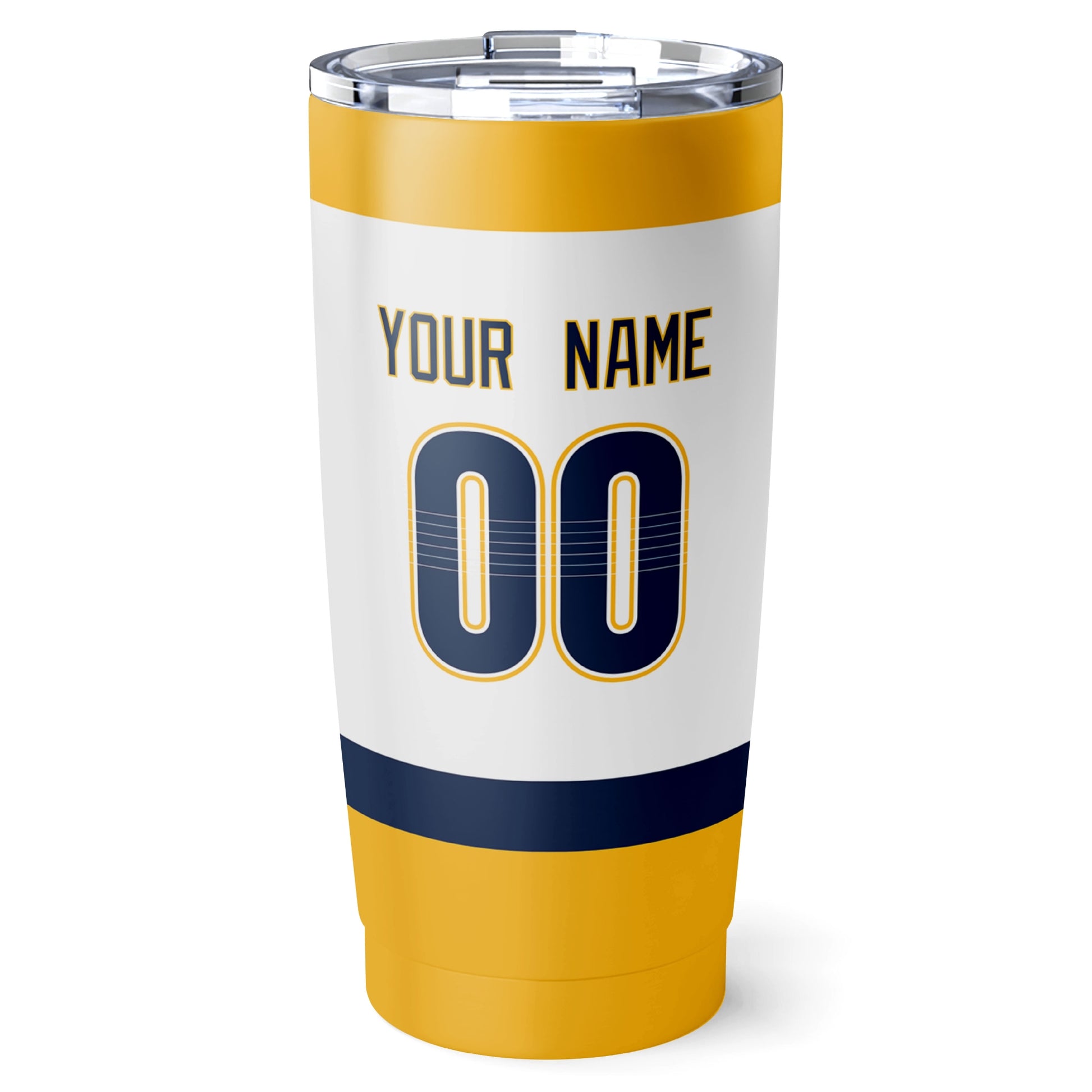 Nashville hockey tumbler back design in White city-color style with custom name and number