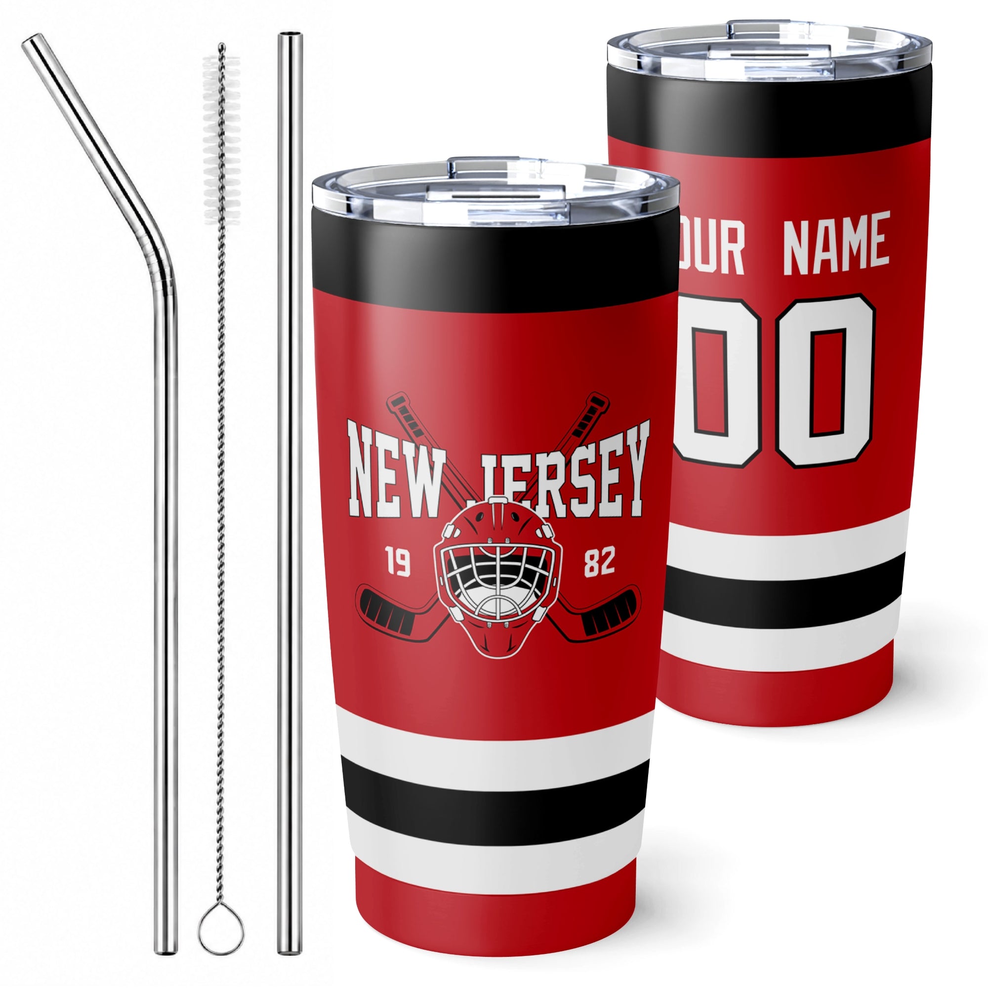 Personalized New Jersey hockey tumbler in Red city-color style with reusable straws and cleaning brush