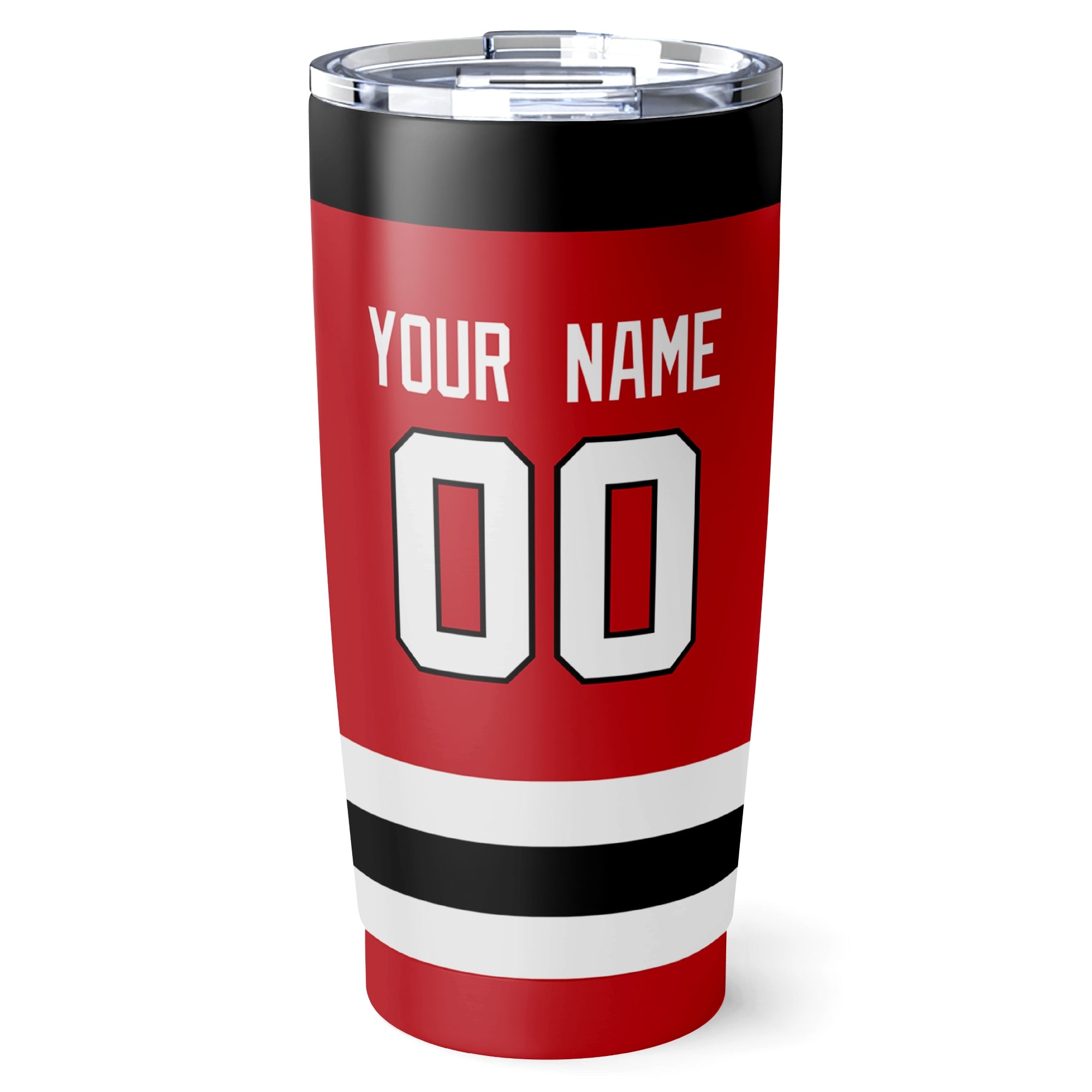New Jersey hockey tumbler back design in Red city-color style with custom name and number