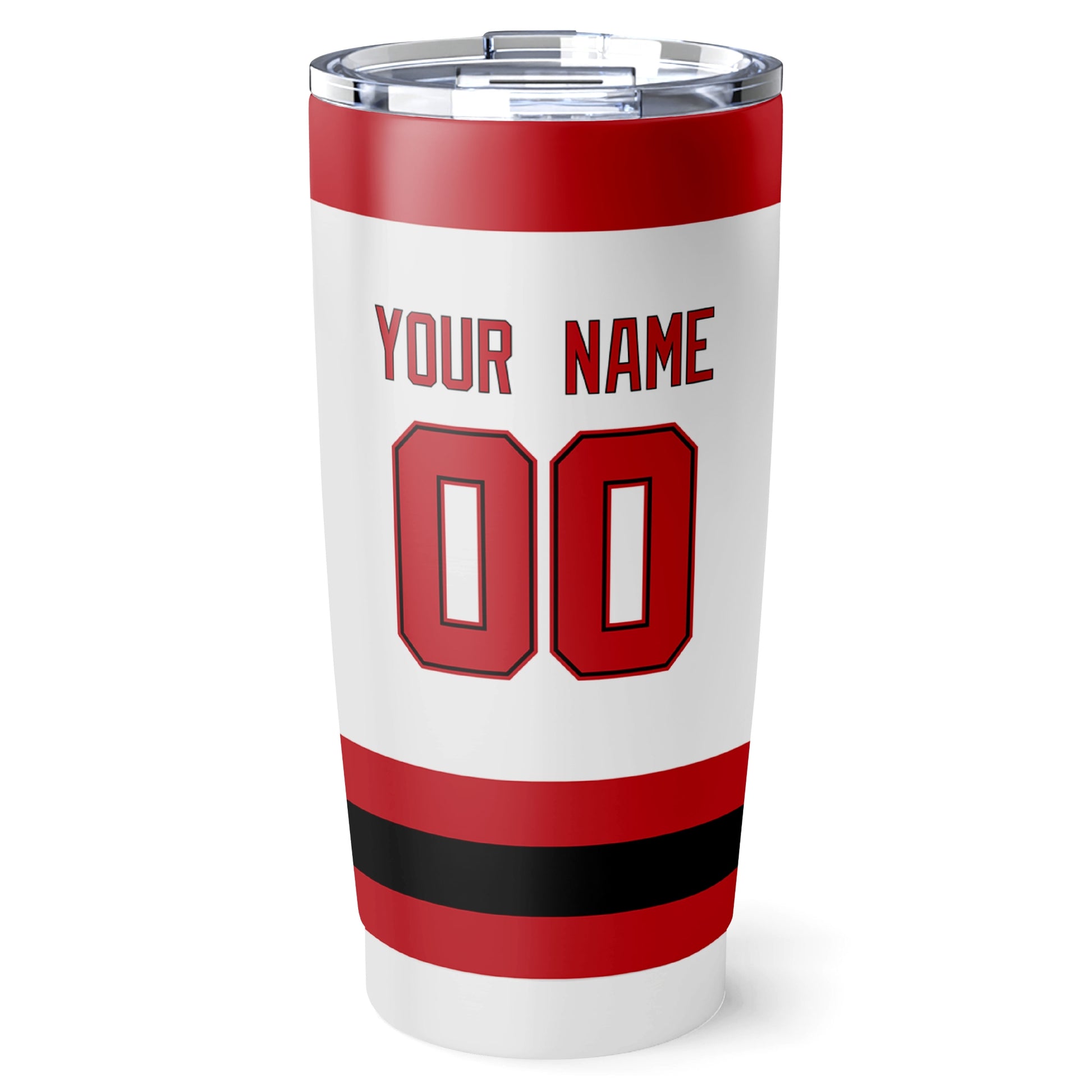 New Jersey hockey tumbler back design in White city-color style with custom name and number