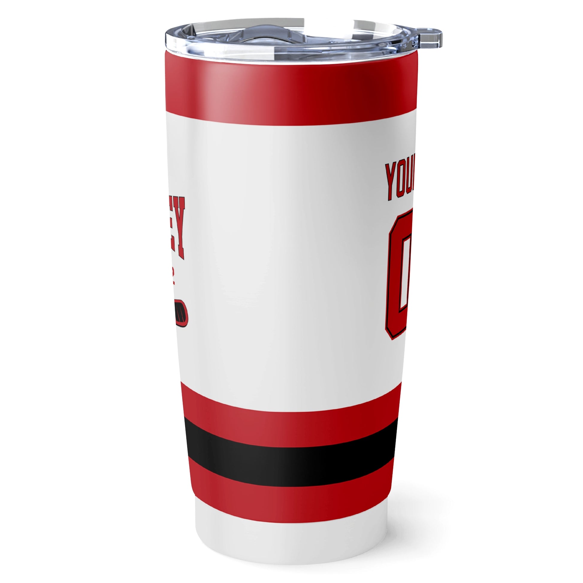 New Jersey hockey tumbler side view in White city-color style