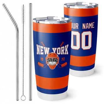 Personalized New York hockey tumbler in Royal city-color style with reusable straws and cleaning brush