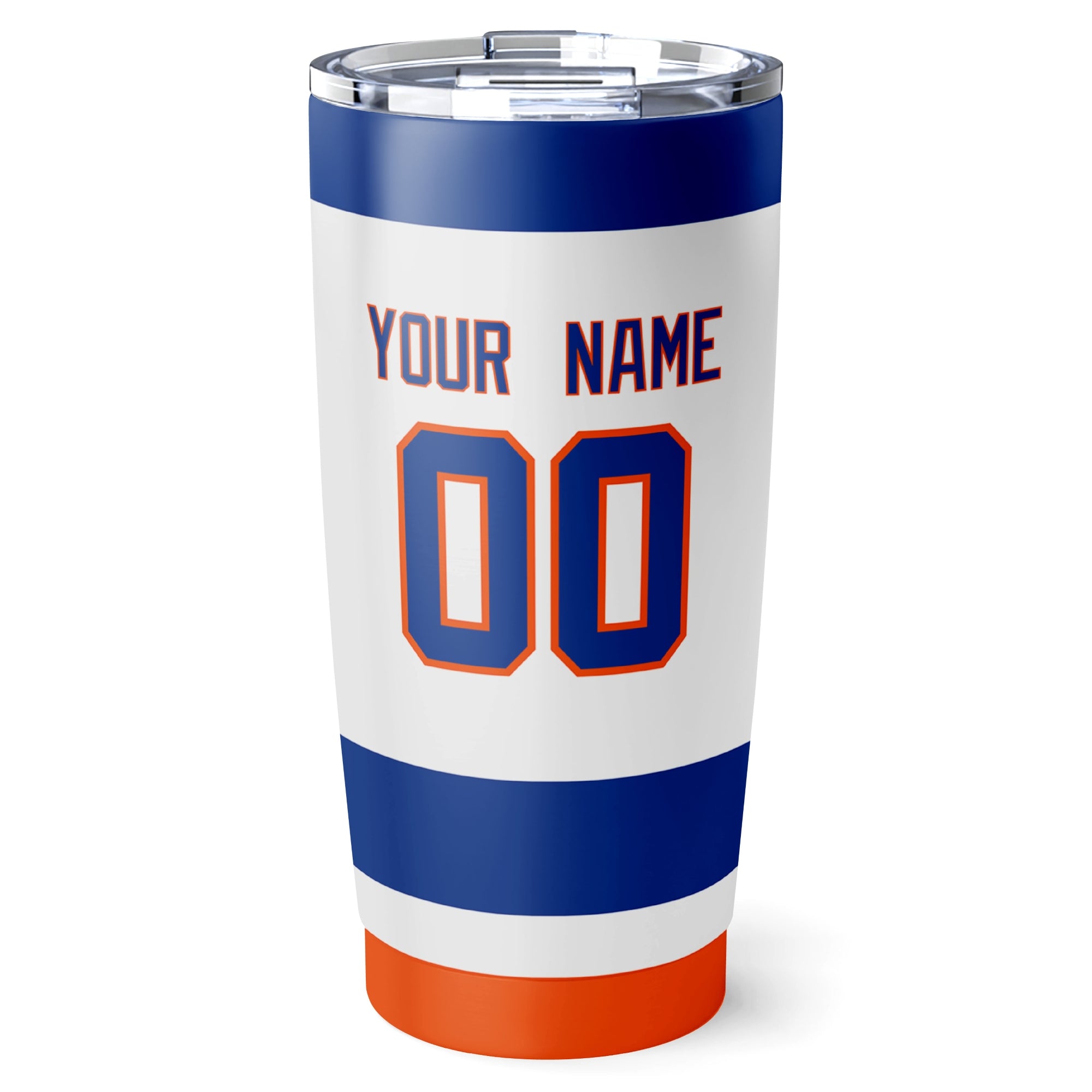 New York hockey tumbler back design in White city-color style with custom name and number
