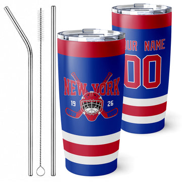 Personalized New York R hockey tumbler in Blue city-color style with reusable straws and cleaning brush