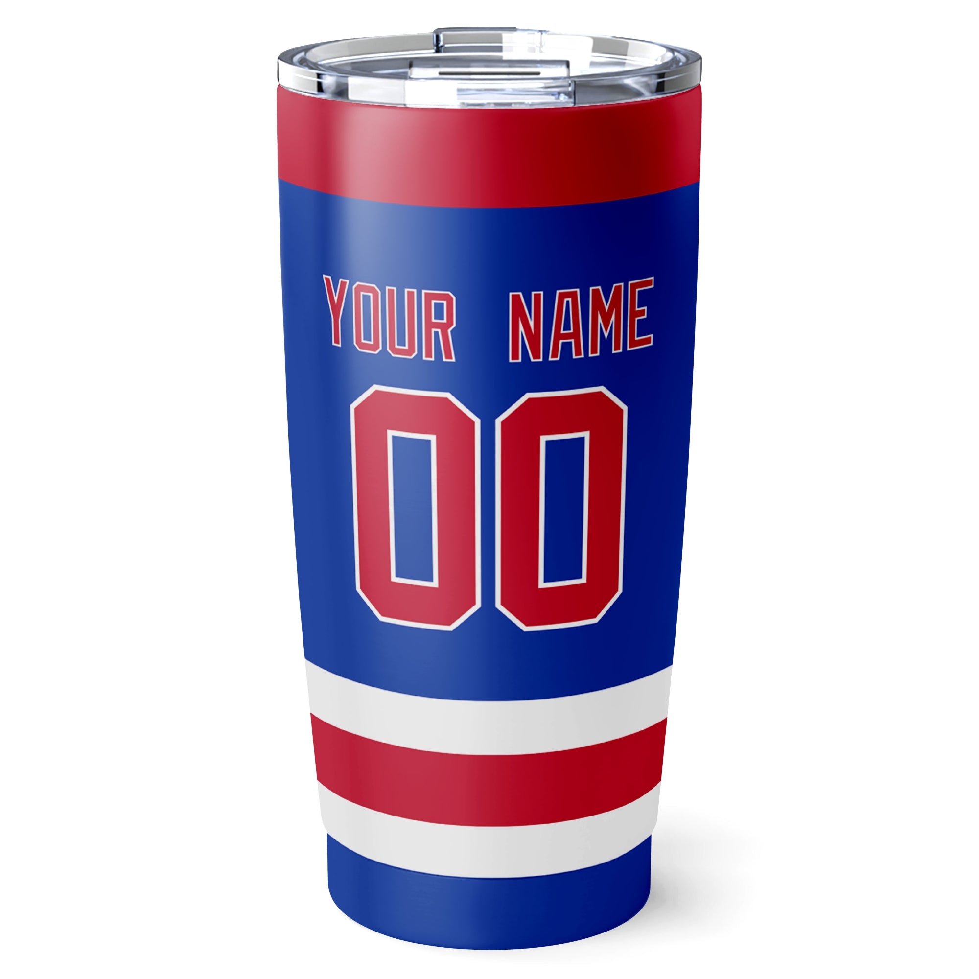 New York R hockey tumbler back design in Blue city-color style with custom name and number
