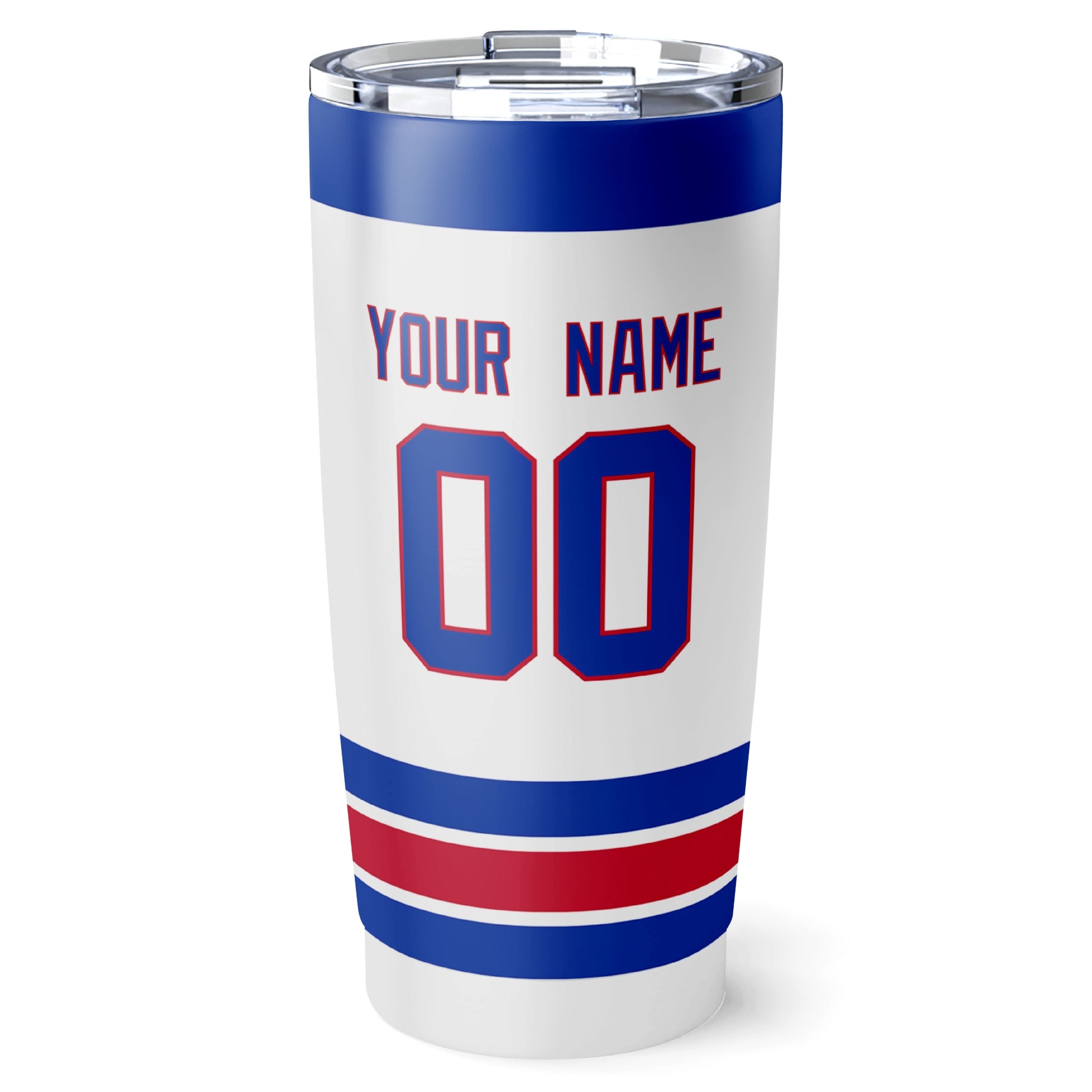 New York R hockey tumbler back design in White city-color style with custom name and number
