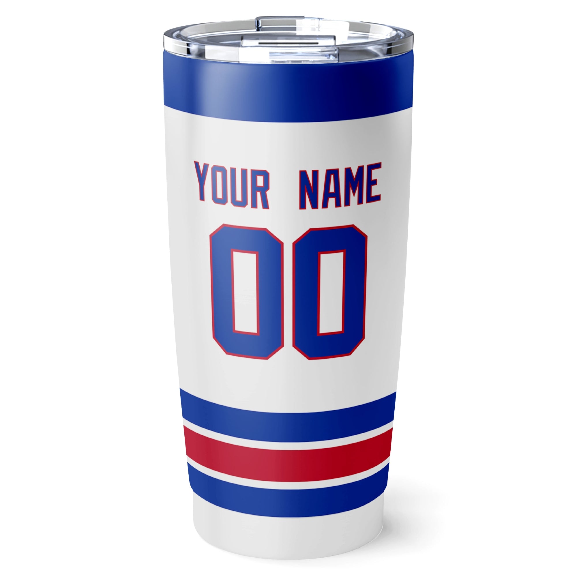 New York R hockey tumbler back design in White city-color style with custom name and number
