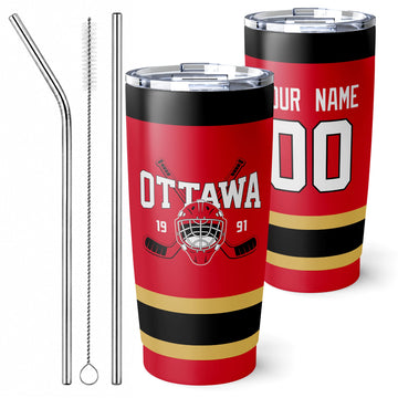 Personalized Ottawa hockey tumbler in Red city-color style with reusable straws and cleaning brush